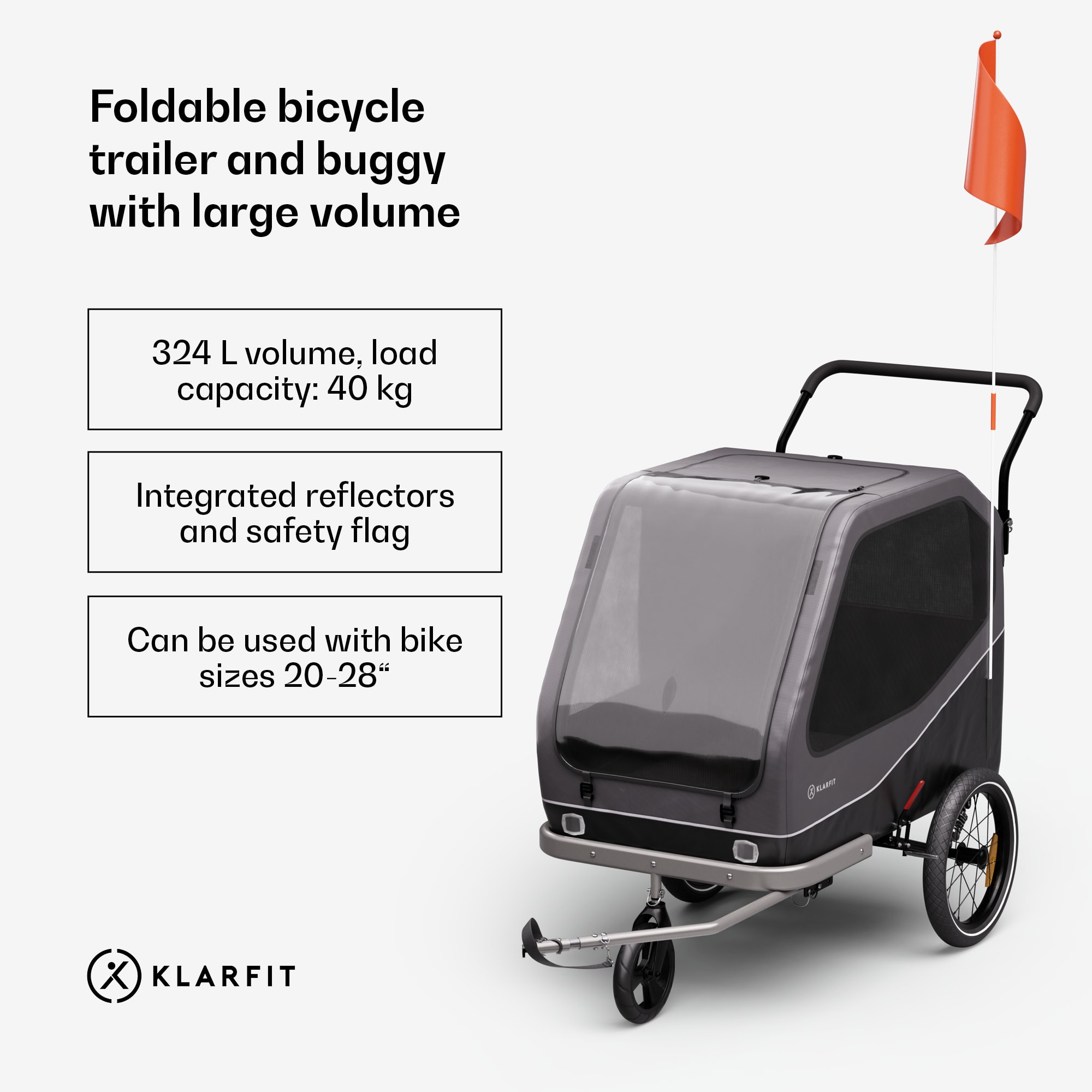 KLARFIT Goldie Buggy, príves na bicykel, 324 l, max. 40 kg, skladací, odolný voči poveternostným vplyvom – Obrázok 2