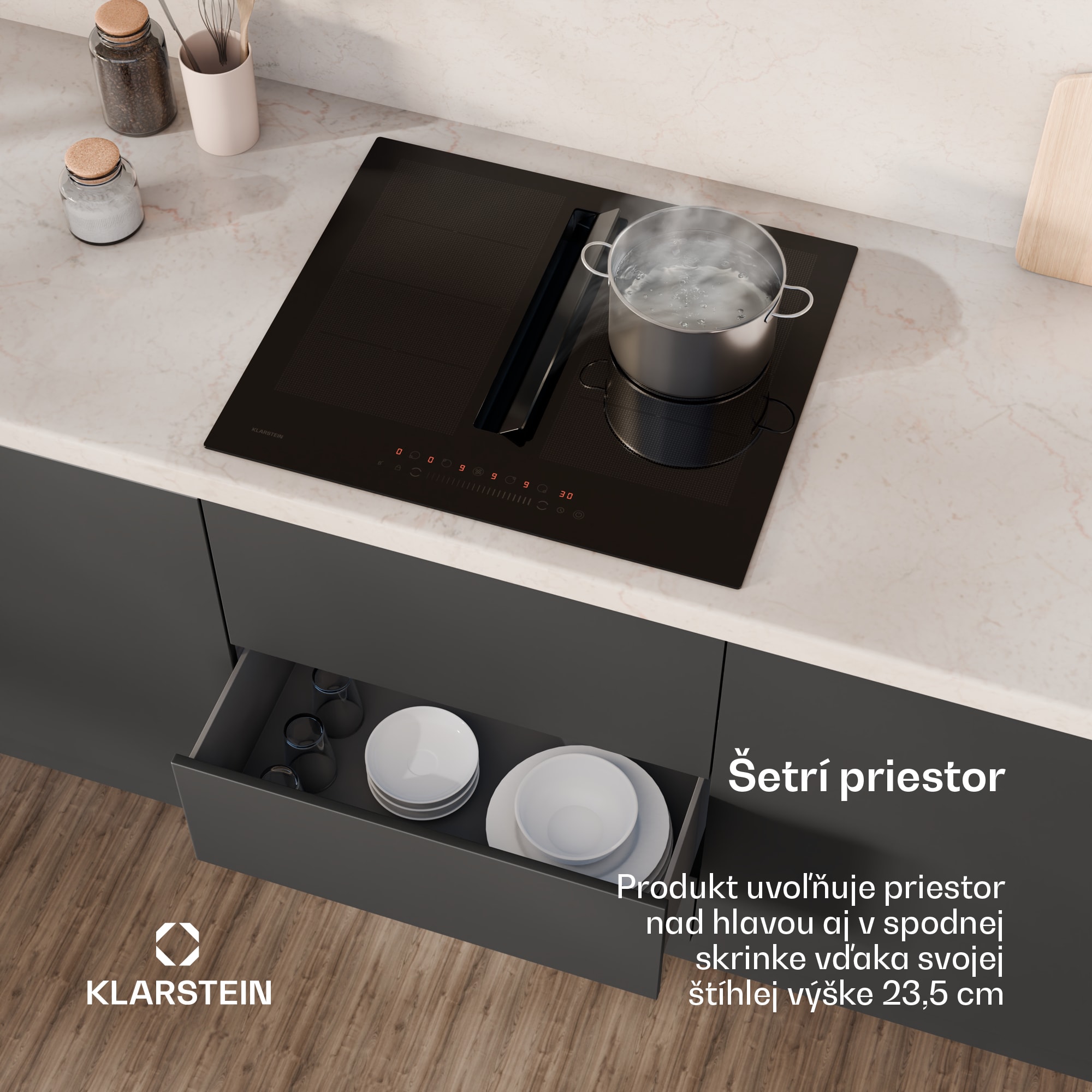 Klarstein Chef-Fusion Down Air System indukčná varná doska + odsávač pár 60 cm 598 m³/h EEC A – Obrázok 5