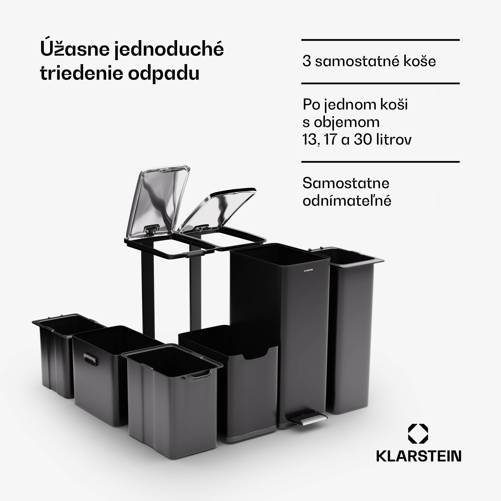 Klarstein Tiyo 3v1 odpadkový kôš 60 l s vyberateľným vedrom a tichým zatváraním – Obrázok 2