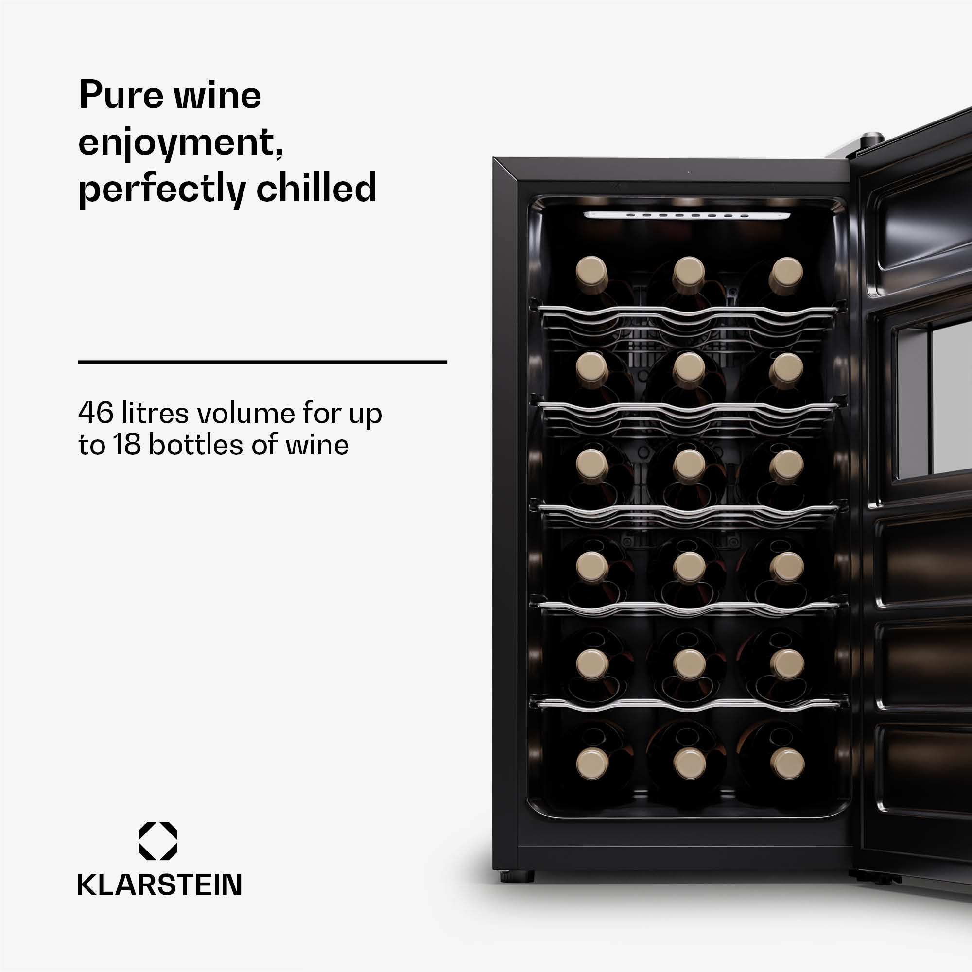 Klarstein Silent Vino 18 Uno, chladnička na víno, 46 l / 18 fliaš, 5-18 °C, dotykové – Obrázok 2