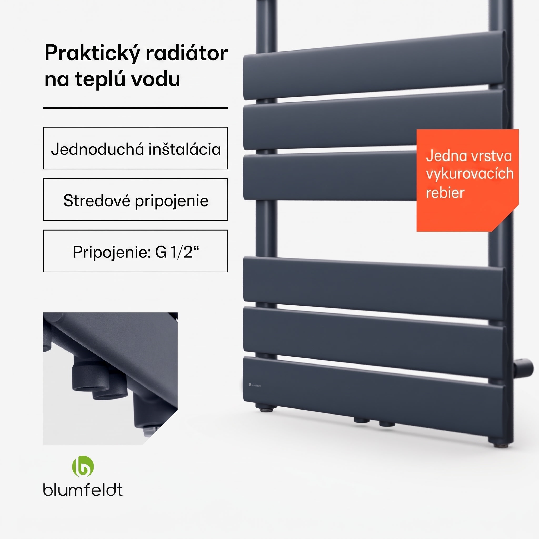 Blumfeldt Fairmont 50 x 107 radiátor 509 W teplá voda 4 držiaky na uteráky 1/2" – Obrázok 3