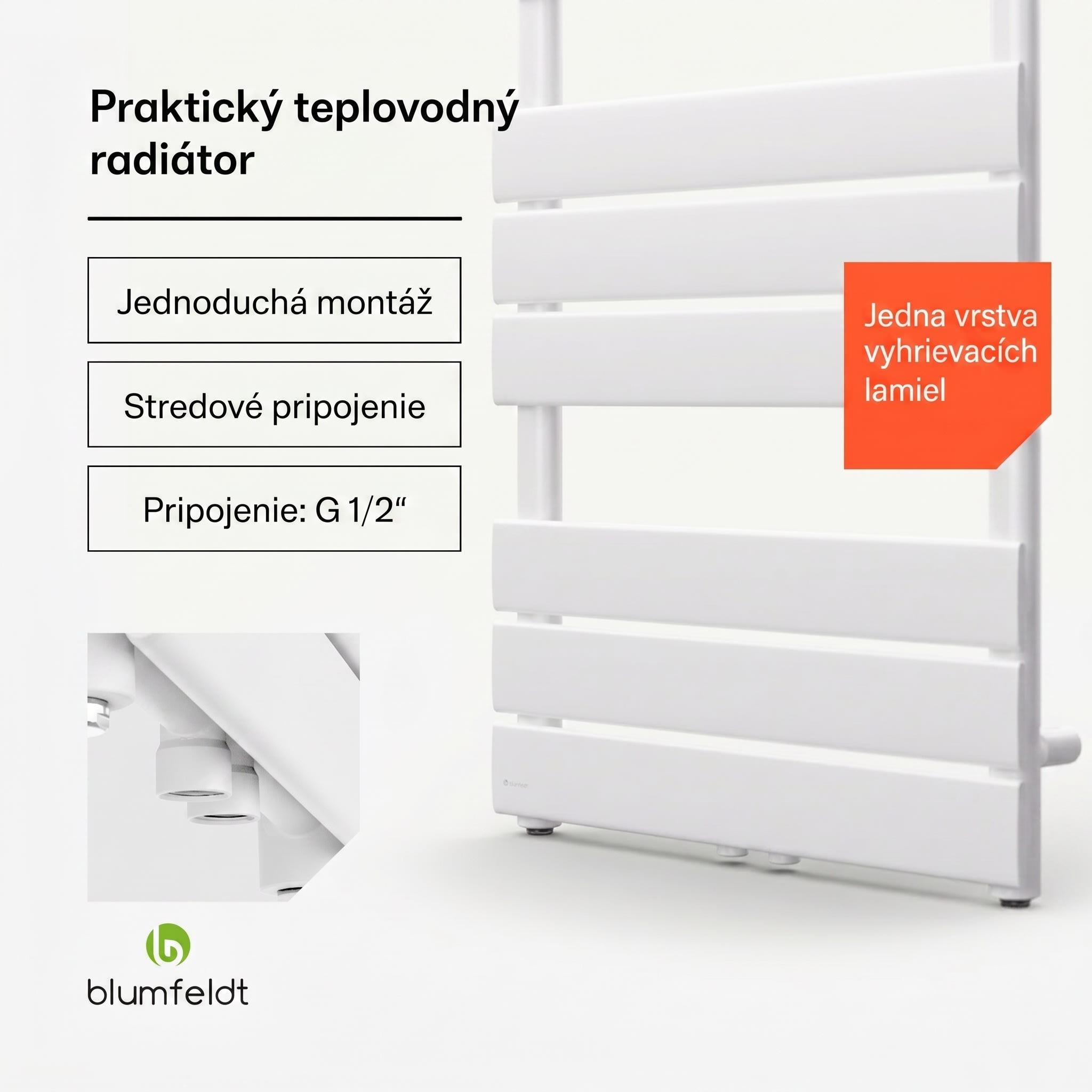 Blumfeldt Fairmont 50 x 107 radiátor 509 W teplá voda 4 držiaky na uteráky 1/2" – Obrázok 3