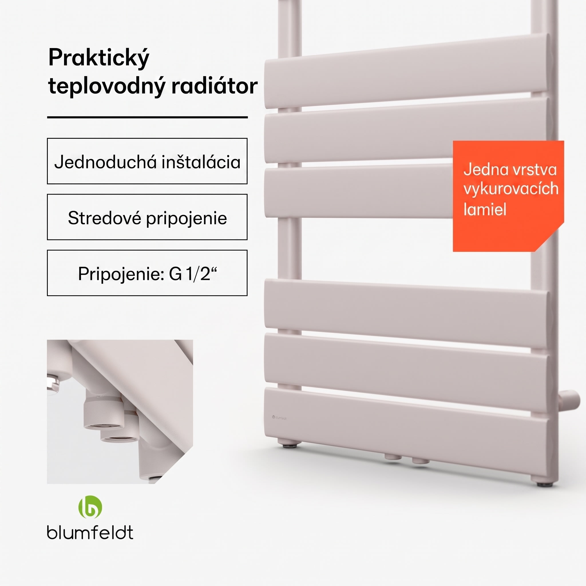 Blumfeldt Fairmont 50 x 107 radiátor 509 W teplá voda 4 držiaky na uteráky 1/2" – Obrázok 3