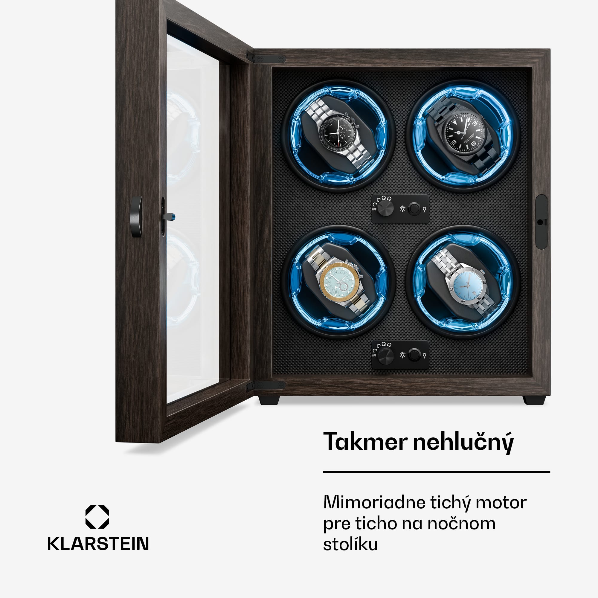 Klarstein Brienz 4, naťahovač hodiniek, 4 hodinky, 4 režimy, drevený vzhľad, modré vnútorné osvetlenie – Obrázok 4