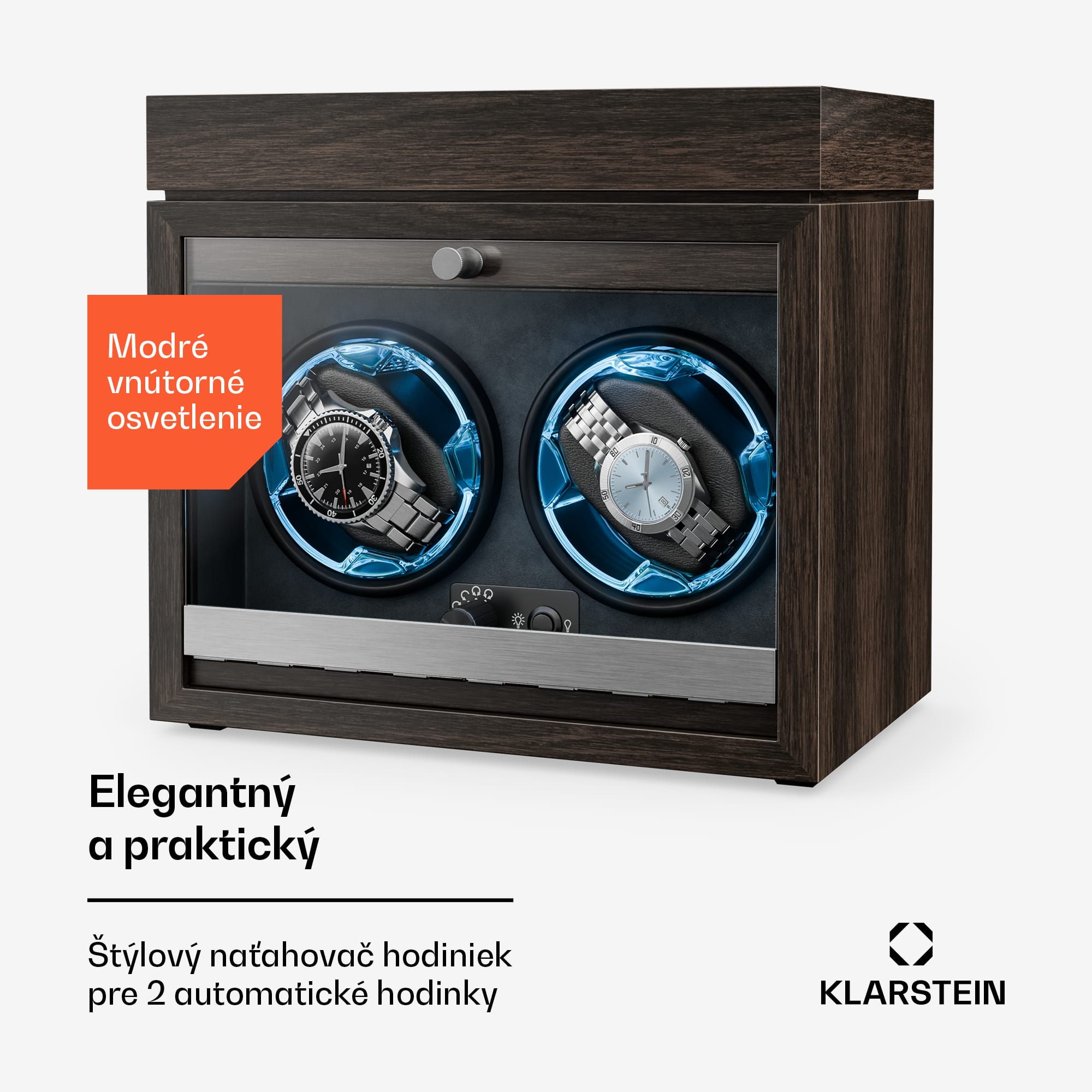 Klarstein Brienz 2 hodinové navíjače, 2 hodinky, 4 režimy, drevený vzhľad, modré vnútorné osvetlenie, šperkovnica – Obrázok 2