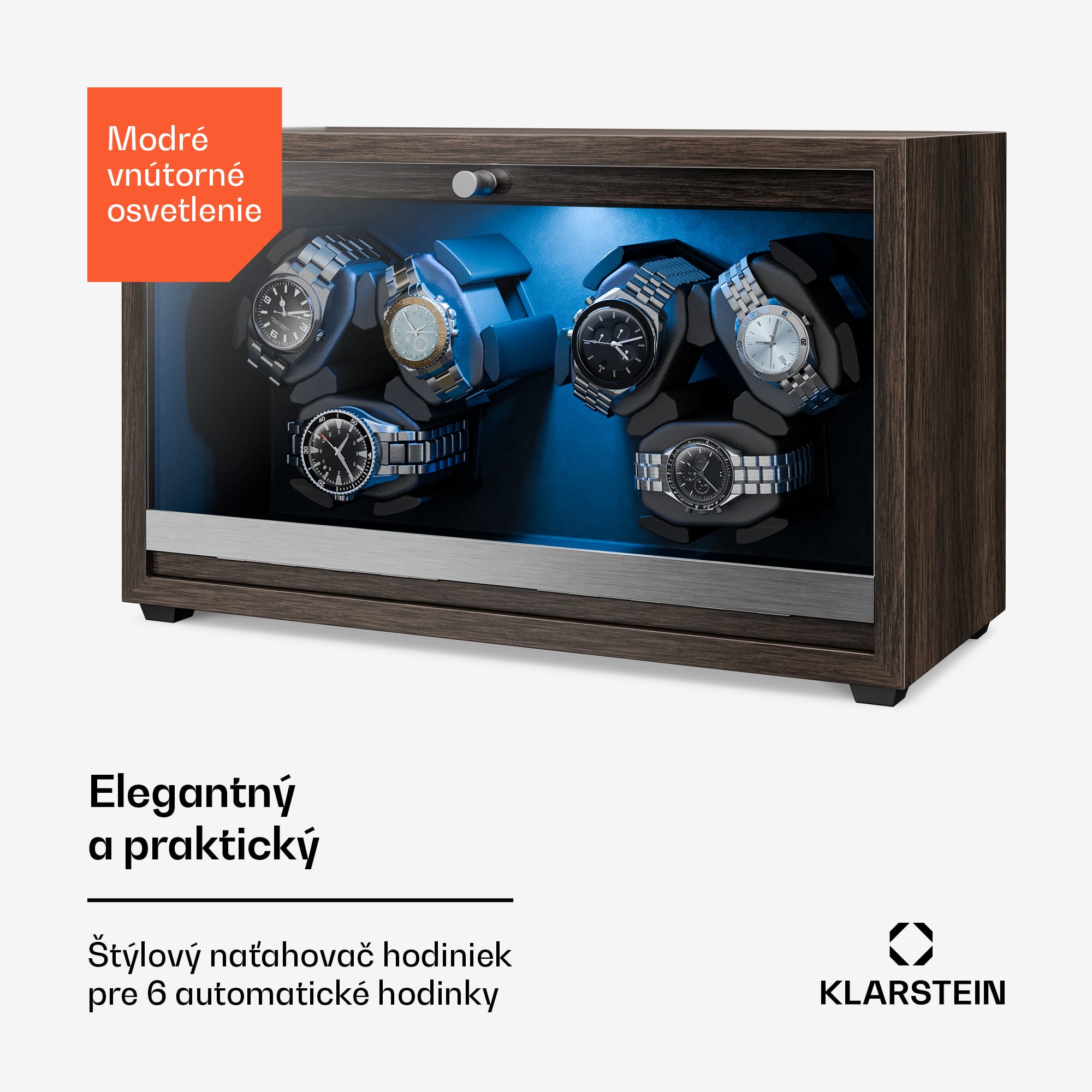 Klarstein Brienz 6, naťahovač hodiniek, 6 hodiniek, 4 režimy, drevený vzhľad, modré vnútorné osvetlenie – Obrázok 2