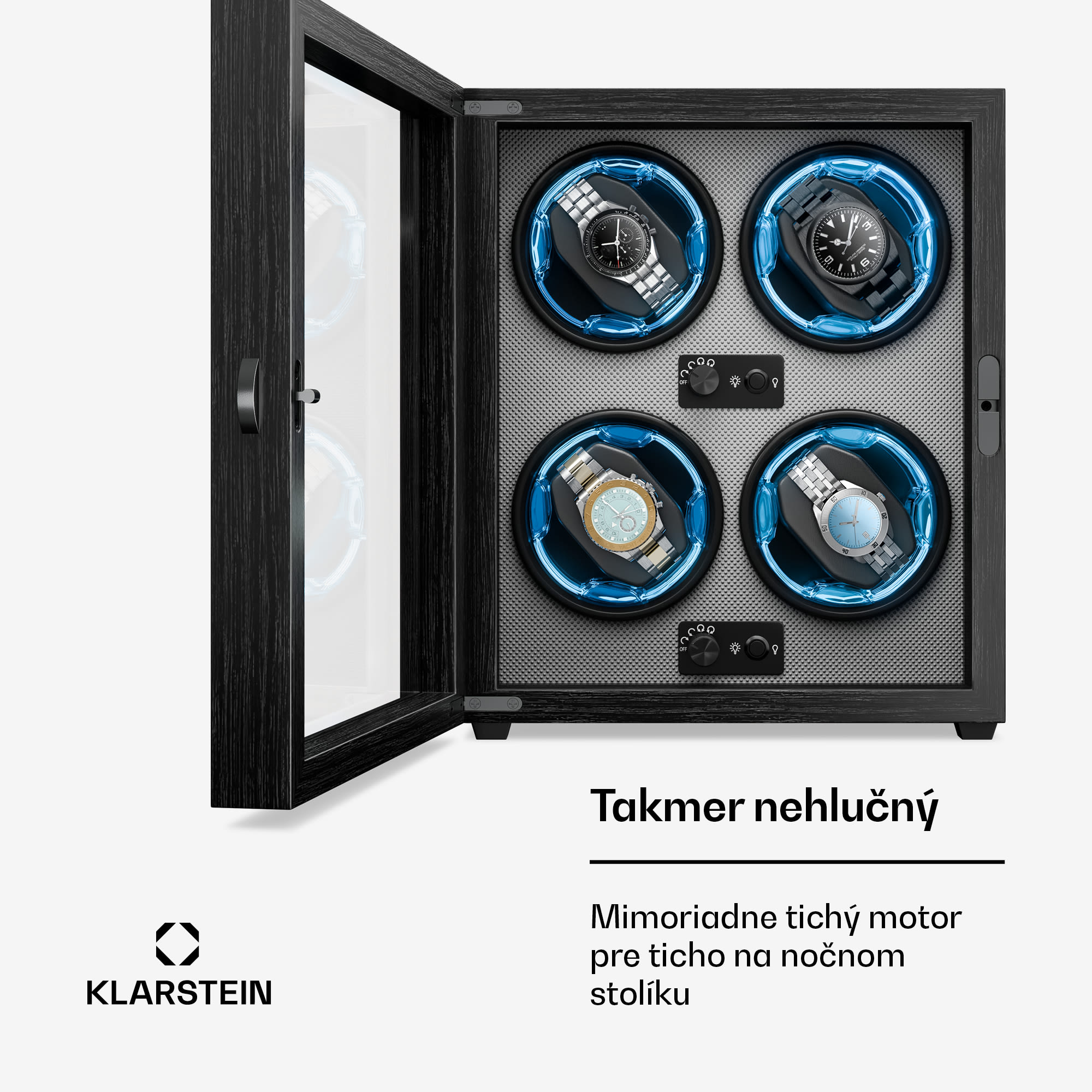 Klarstein Brienz 4, naťahovač hodiniek, 4 hodinky, 4 režimy, drevený vzhľad, modré vnútorné osvetlenie – Obrázok 4