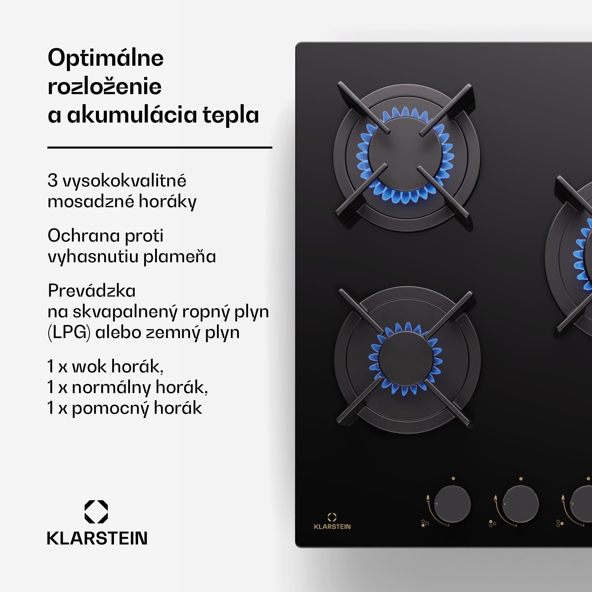 Klarstein Goldflame Domino, plynová varná doska, 3 mosadzné horáky, nehrdzavejúca oceľ – Obrázok 3