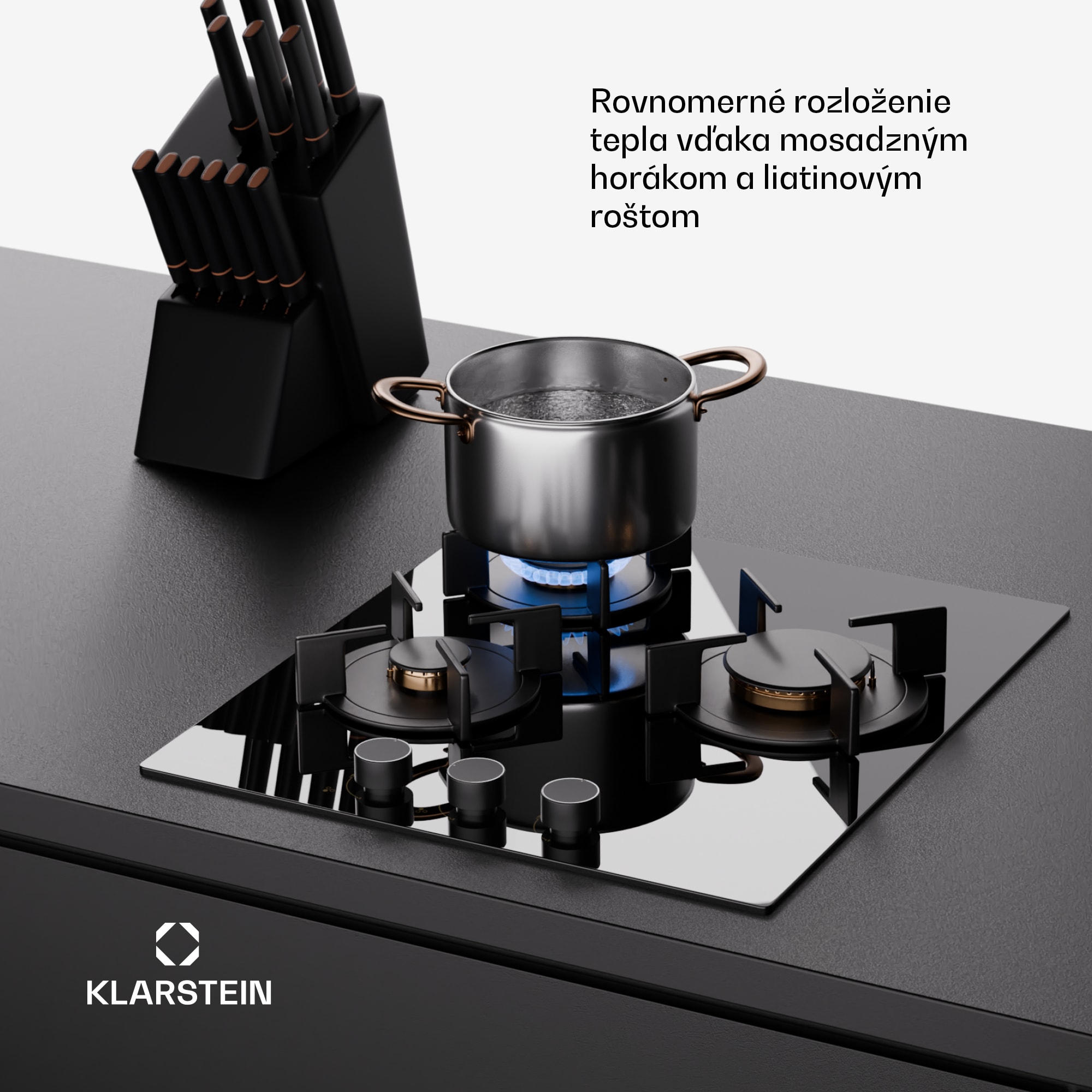 Klarstein Goldflame Domino, plynová varná doska, 3 mosadzné horáky, nehrdzavejúca oceľ – Obrázok 4