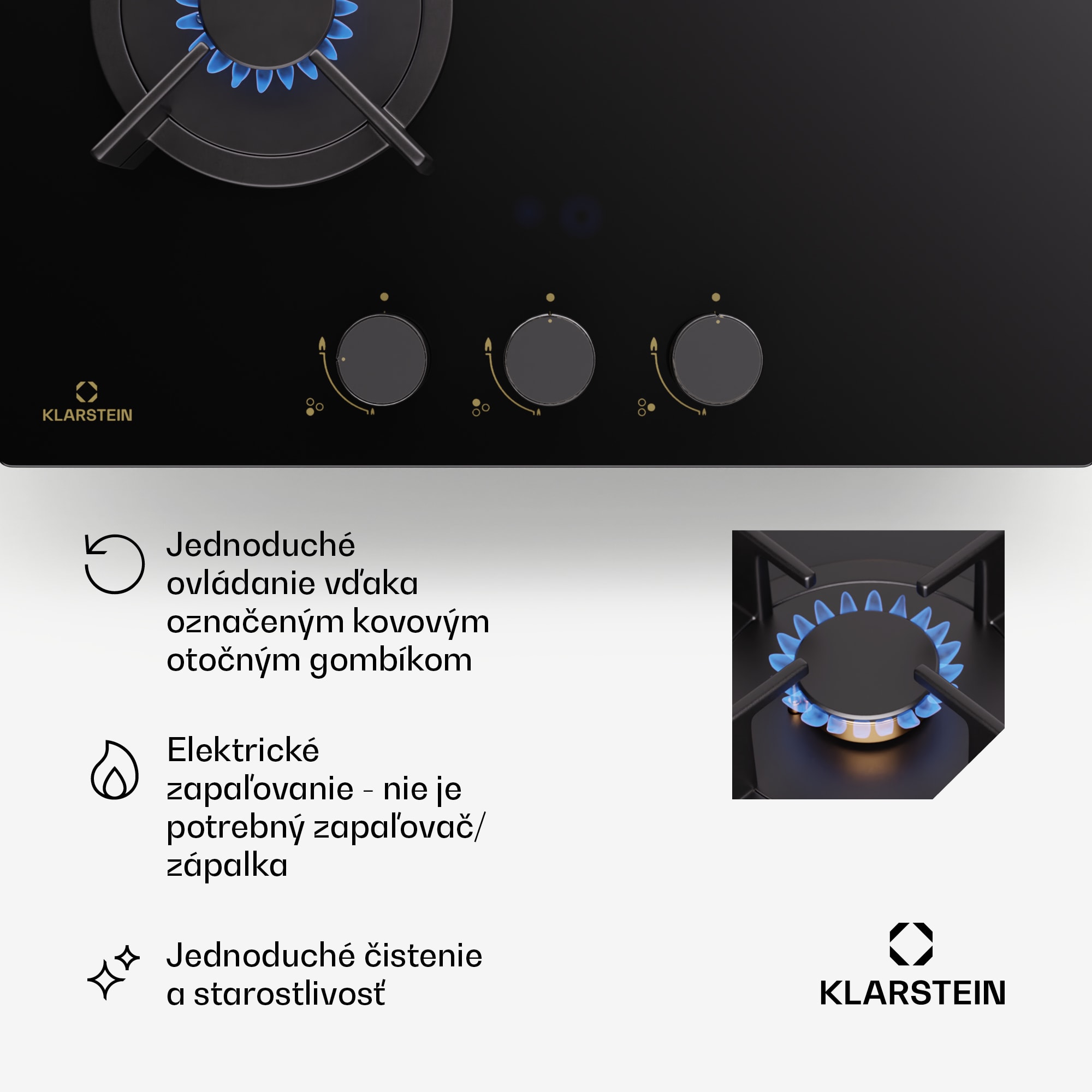 Klarstein Goldflame Domino, plynová varná doska, 3 mosadzné horáky, nehrdzavejúca oceľ – Obrázok 5