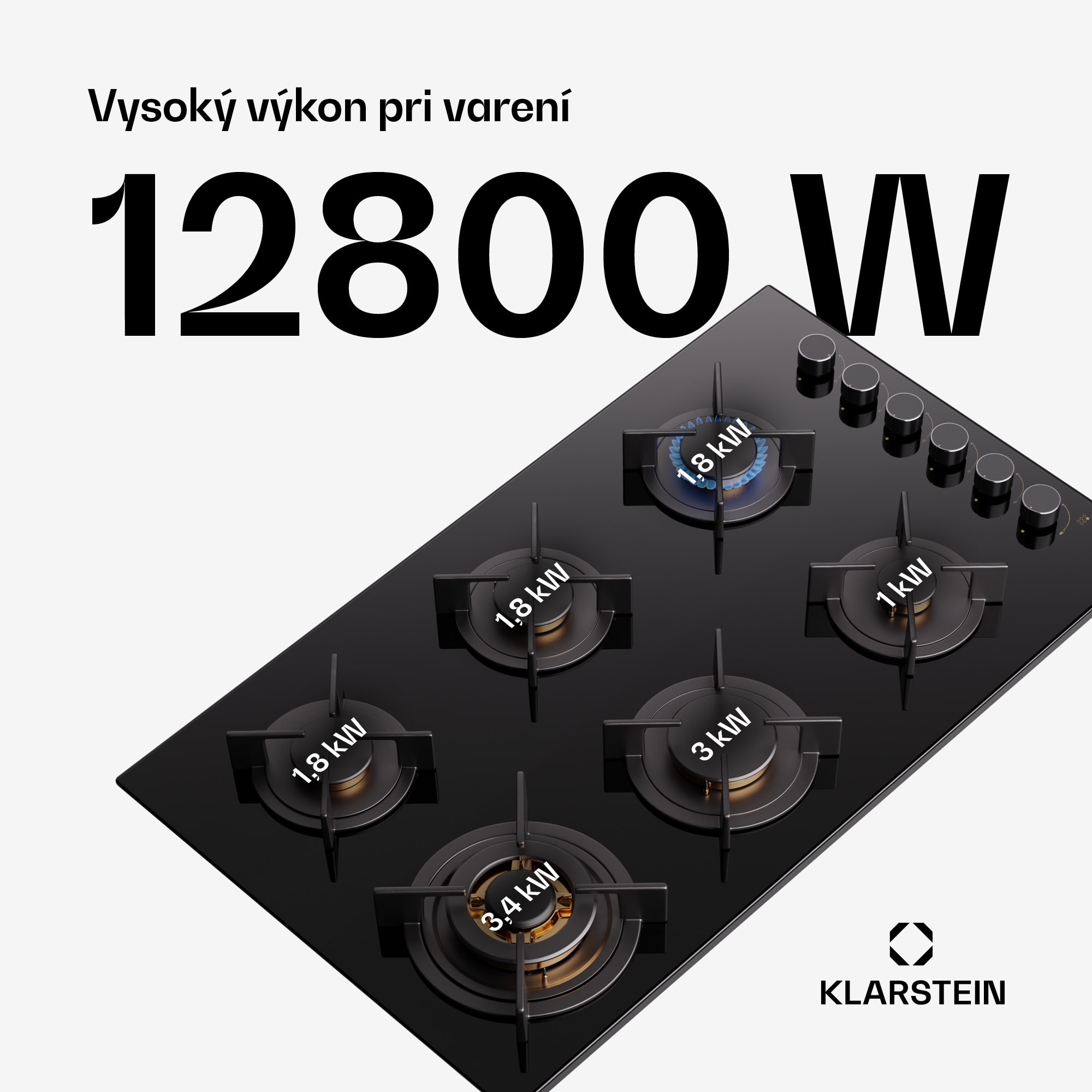 Klarstein Goldflame 6 samostatná plynová varná doska 6 horákov, bočné ovládanie, zemný/propán plyn, čierna sklokeramika – Obrázok 2