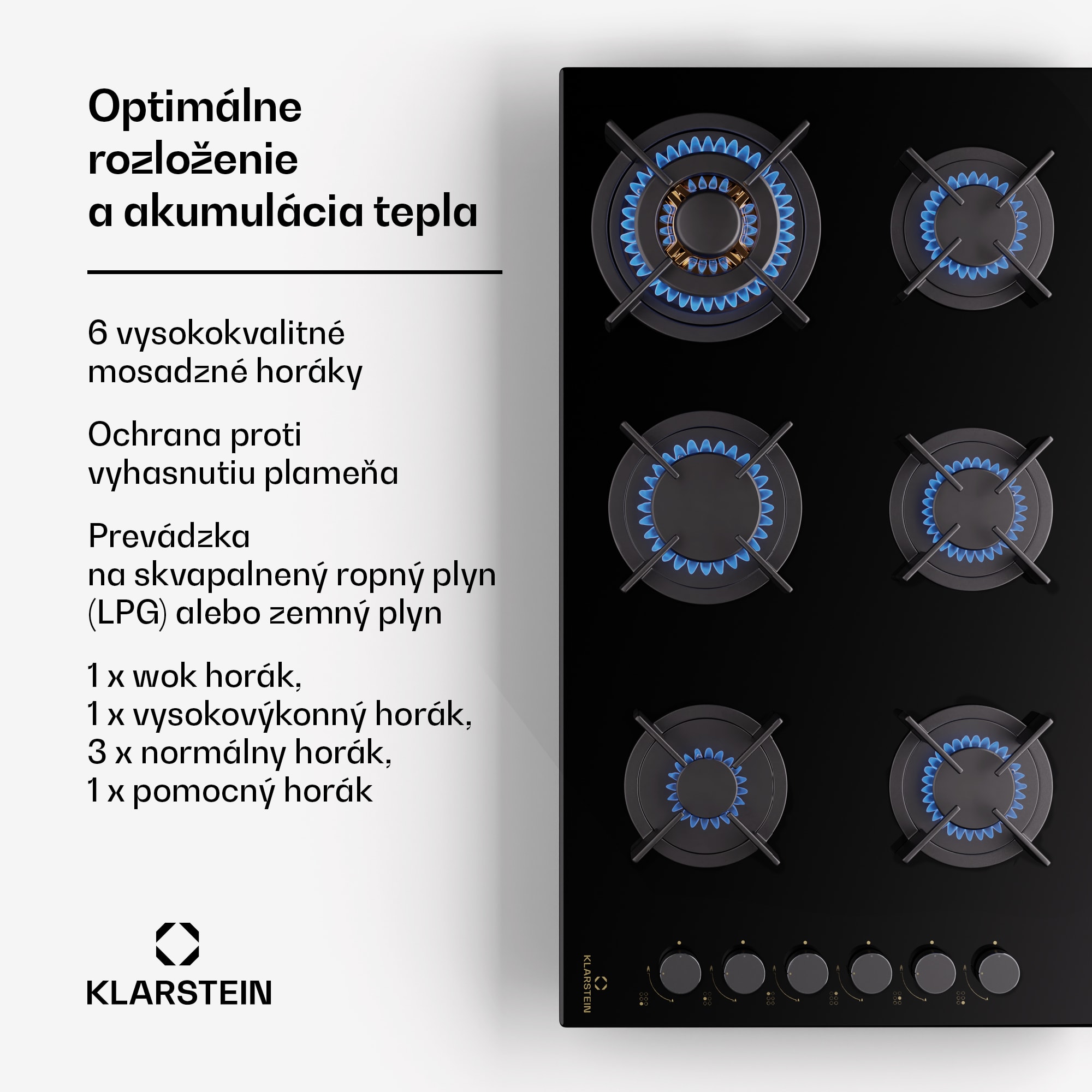 Klarstein Goldflame 6 samostatná plynová varná doska 6 horákov, bočné ovládanie, zemný/propán plyn, čierna sklokeramika – Obrázok 3