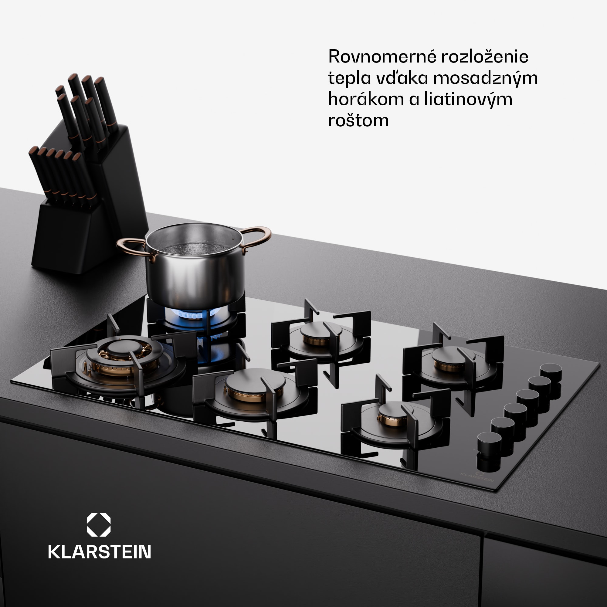 Klarstein Goldflame 6 samostatná plynová varná doska 6 horákov, bočné ovládanie, zemný/propán plyn, čierna sklokeramika – Obrázok 4