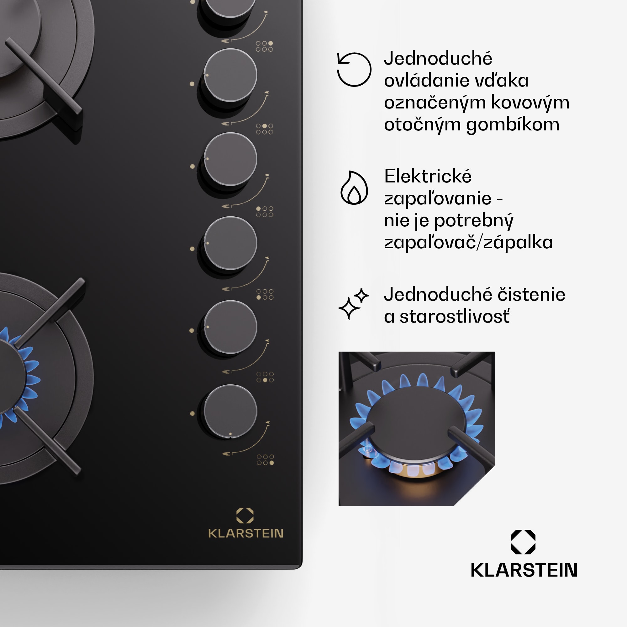 Klarstein Goldflame 6 samostatná plynová varná doska 6 horákov, bočné ovládanie, zemný/propán plyn, čierna sklokeramika – Obrázok 5