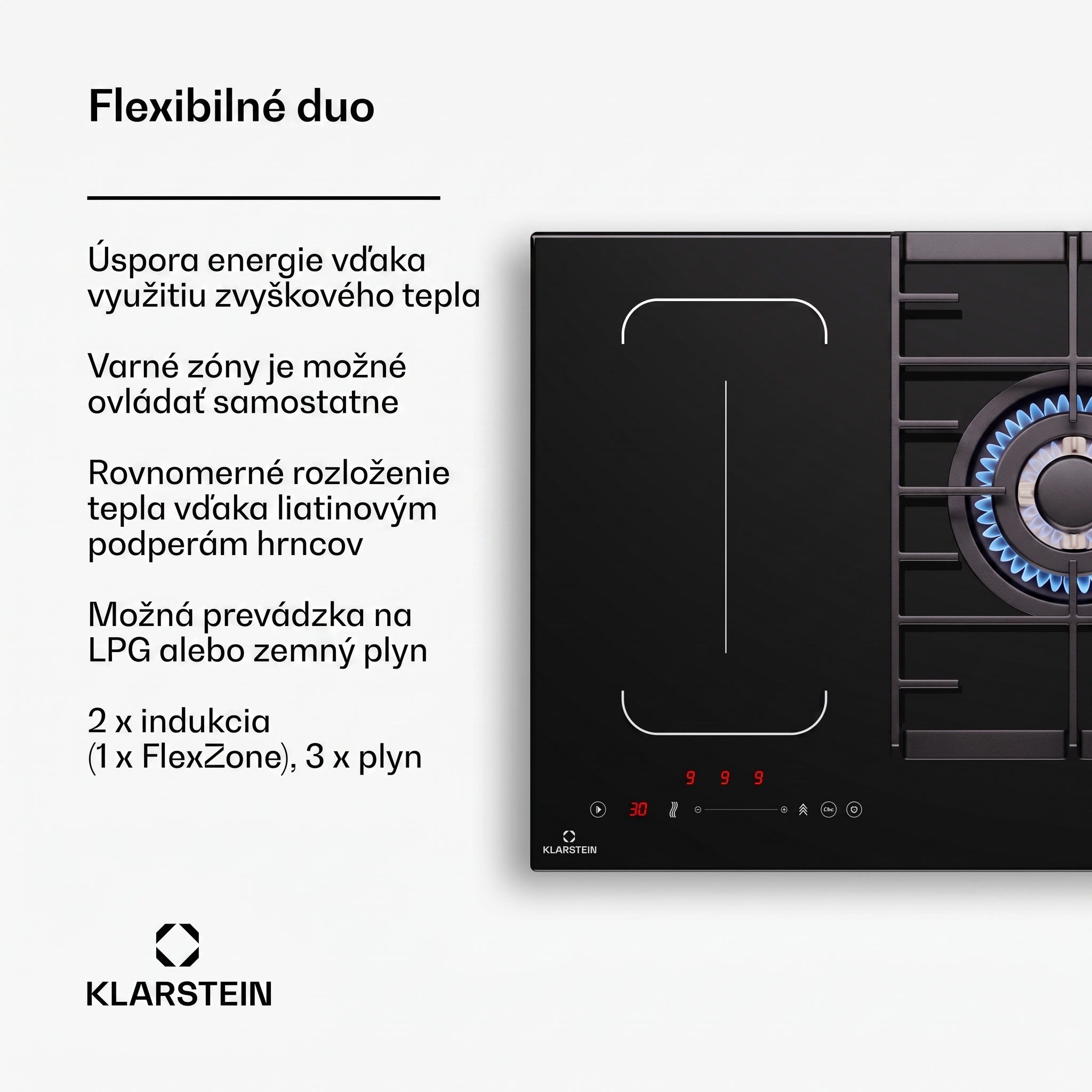 Klarstein MultiChef 5, indukčná a plynová varná doska, 5 varných zón, 3 plynové horáky, 2 indukčné varné dosky, FlexZone – Obrázok 2