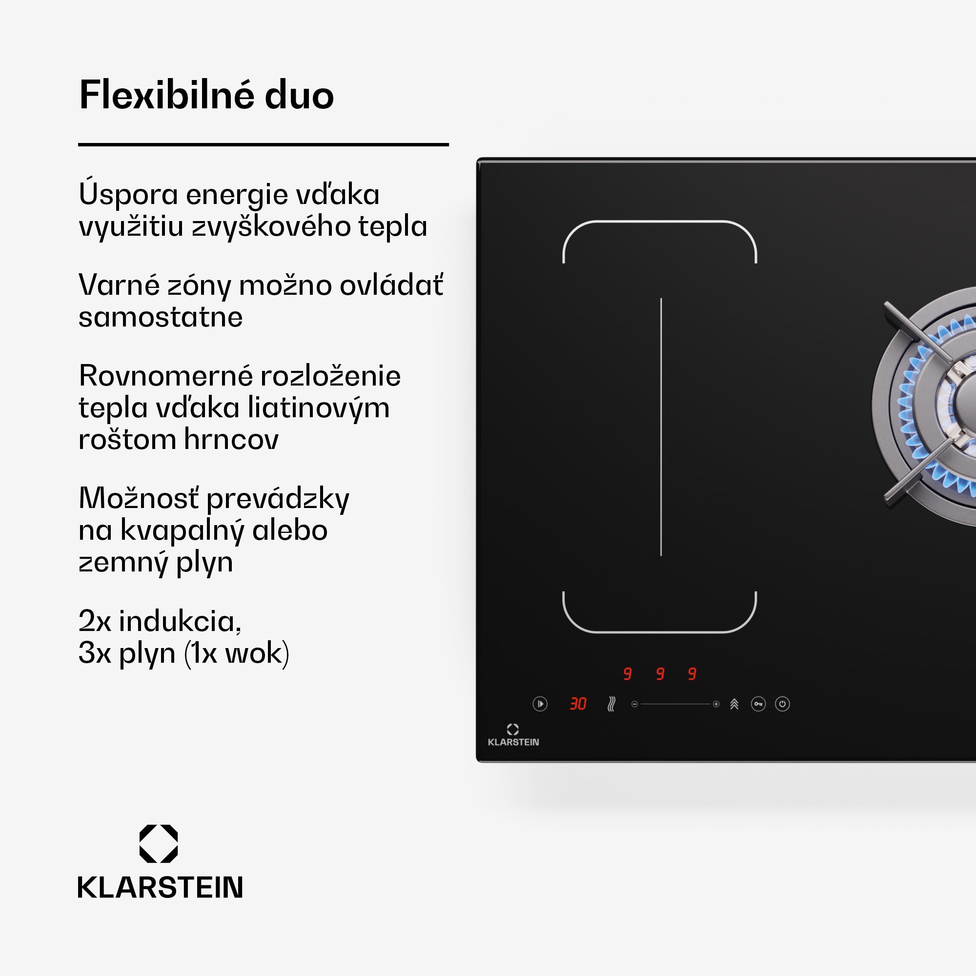 Klarstein MultiChef 5 Wok, indukčná a plynová varná doska, 5 varných zón, 3 plynové horáky, 2 indukčné varné dosky, FlexZone – Obrázok 2