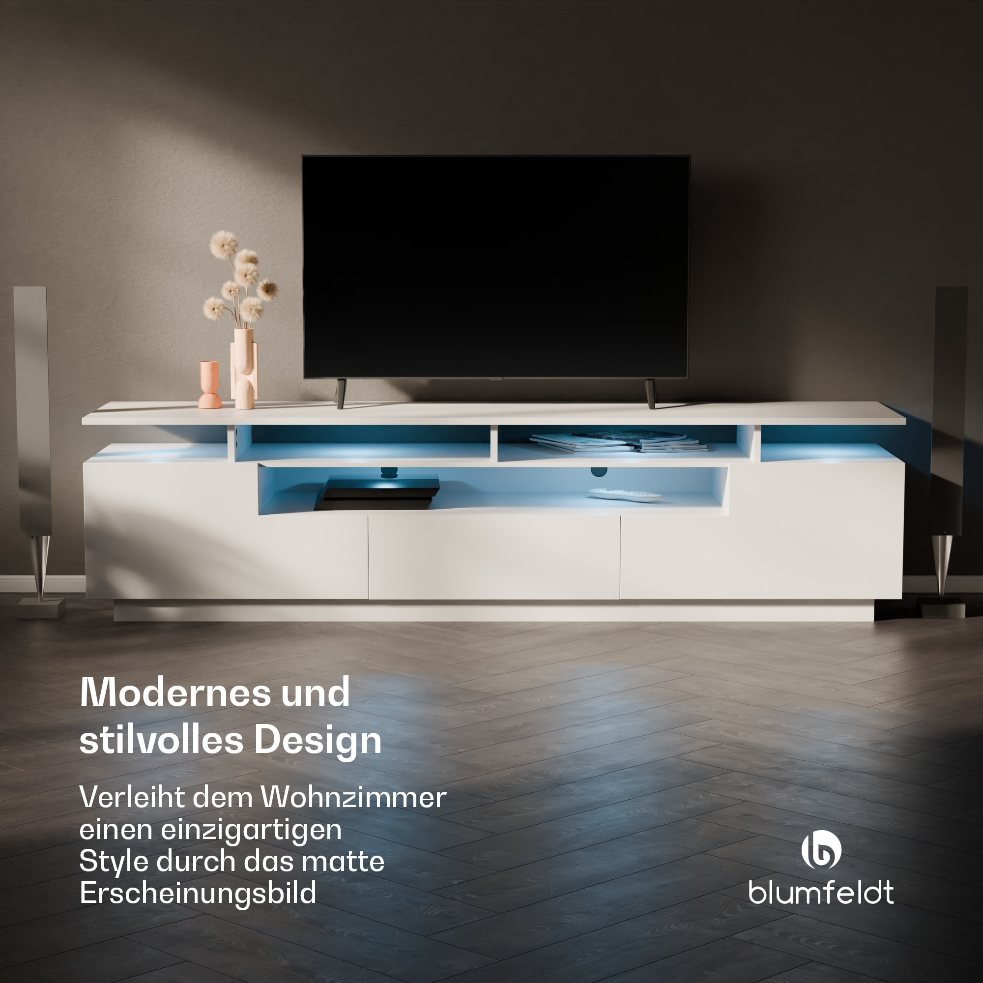 blumfeldt Perth Lowboard , TV skrinka, LED, 3 police, biela, 195 x 33 x 50 cm – Obrázok 2
