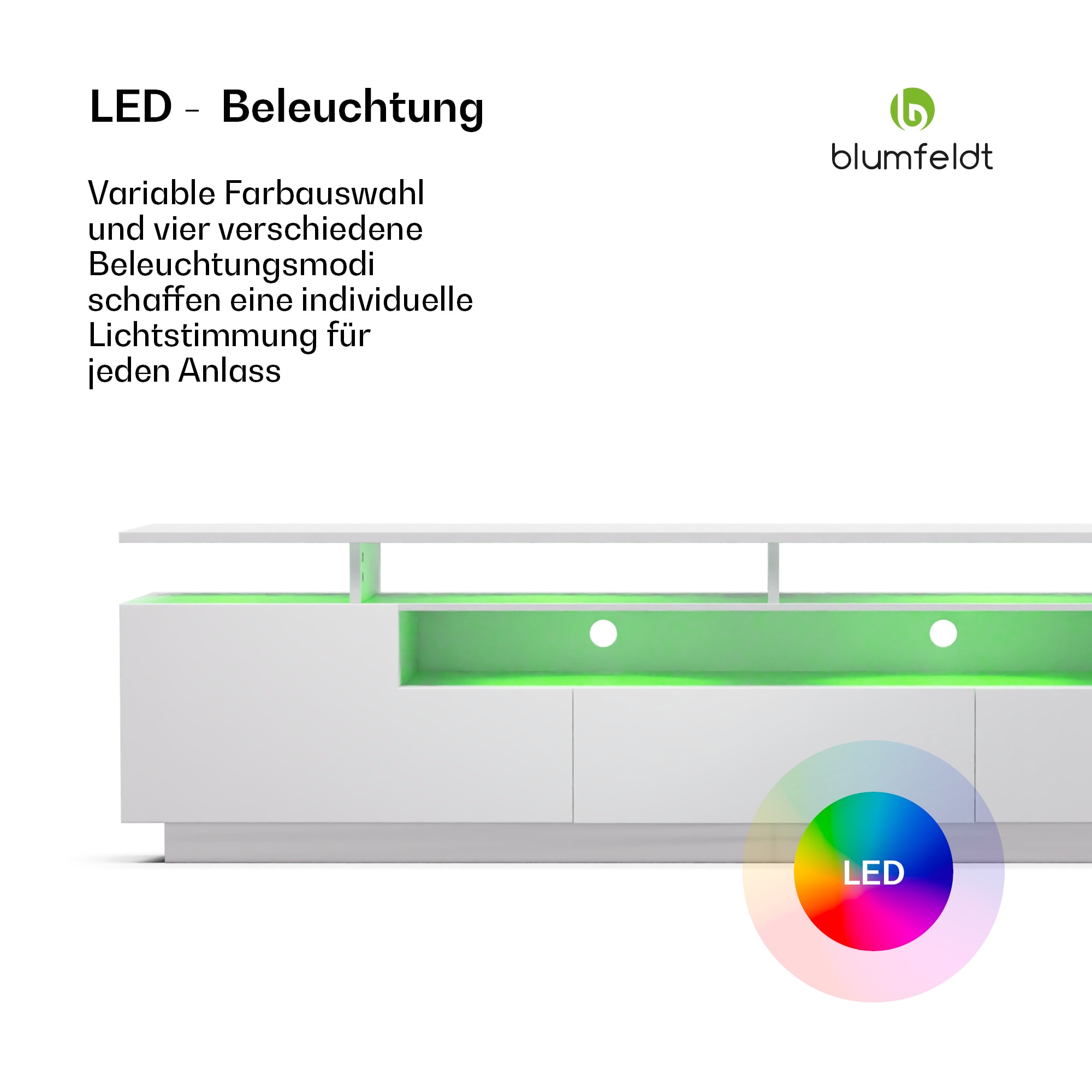 blumfeldt Perth Lowboard , TV skrinka, LED, 3 police, biela, 195 x 33 x 50 cm – Obrázok 3