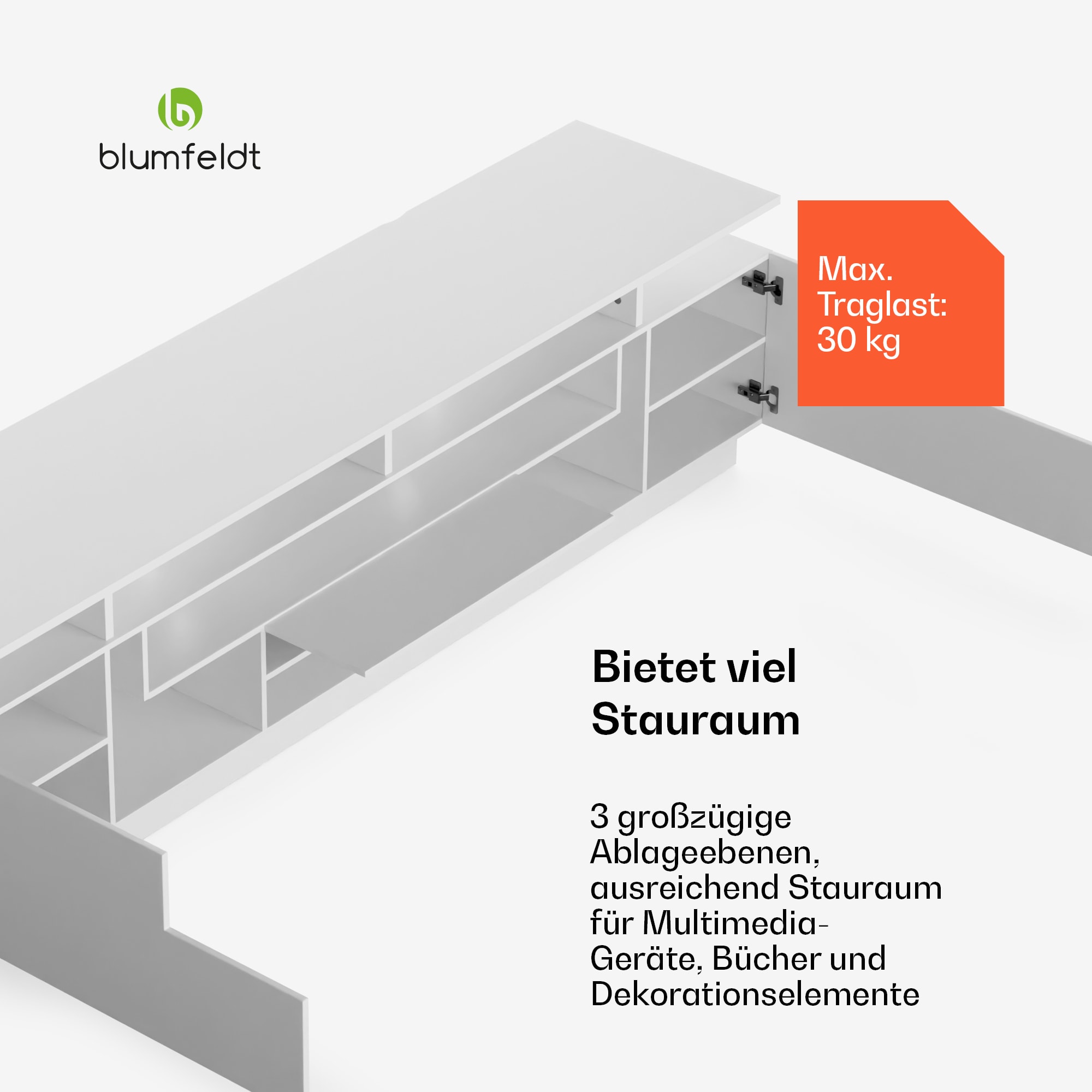 blumfeldt Perth Lowboard , TV skrinka, LED, 3 police, biela, 195 x 33 x 50 cm – Obrázok 4