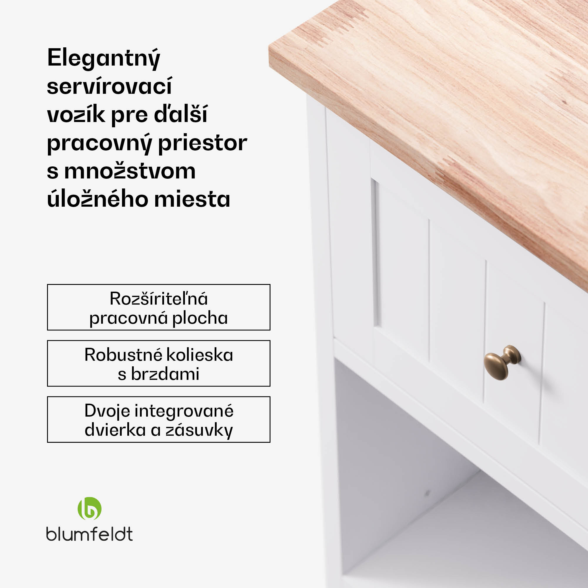 Blumfeldt Etsu, servírovací vozík, výsuvná pracovná doska, 2 zásuvky, 2 dvierka, 2 police, kolieska s parkovacou brzdou, úložný priestor, jednoduché čistenie – Obrázok 2