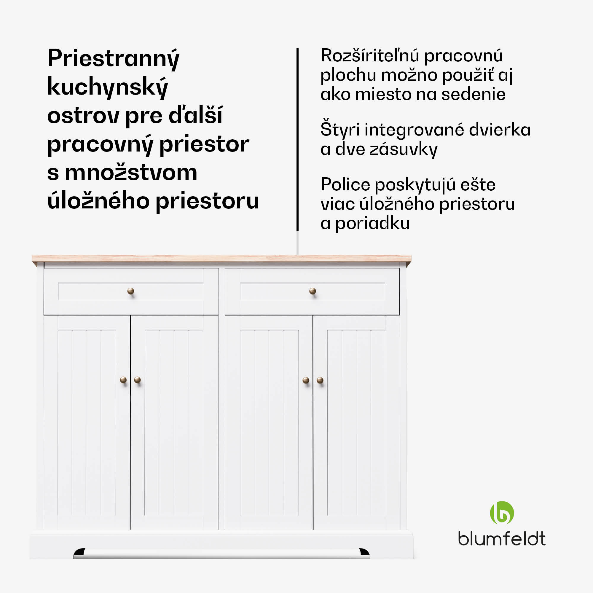 Blumfeldt Etsu, kuchynský ostrov, rozťahovacia pracovná doska, 2 zásuvky, 4 dvierka, možno použiť ako jedálenský stôl, úložný priestor, ľahko sa čistí – Obrázok 2