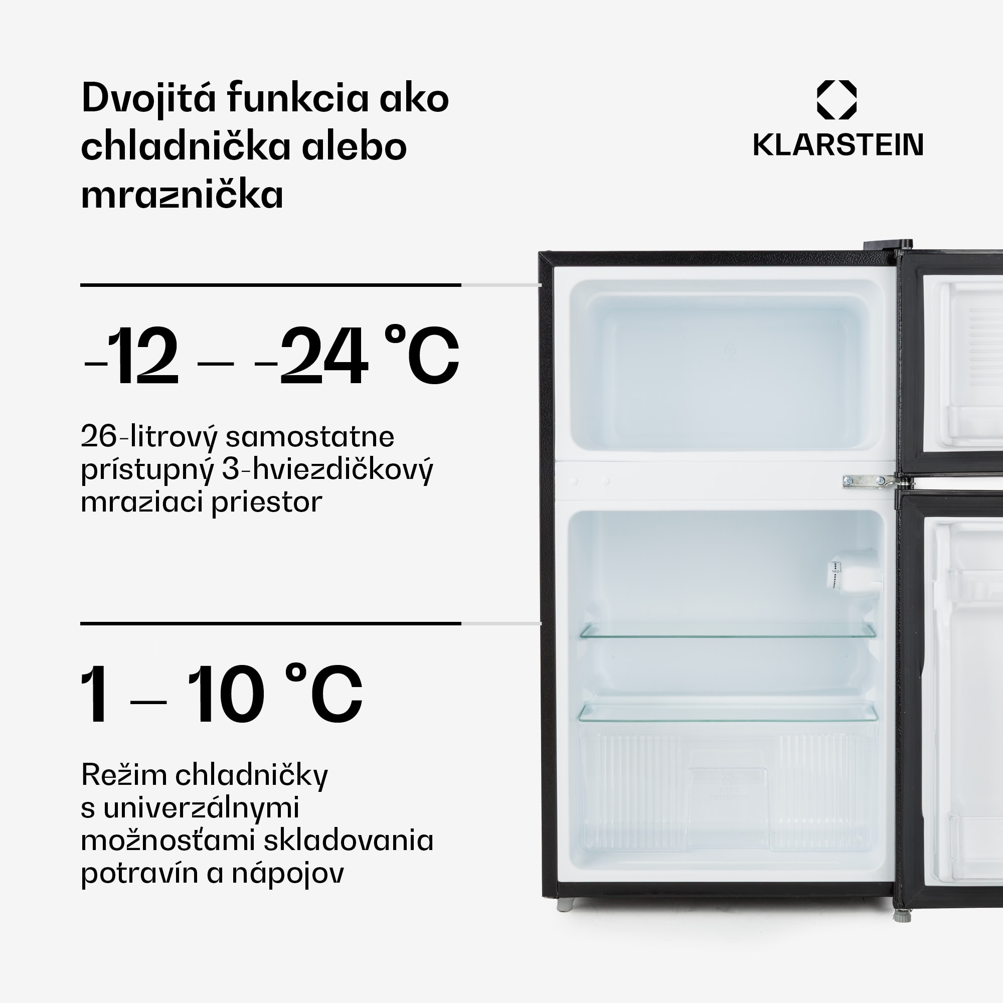 Klarstein Big Daddy Cool, kombinovaná chladnička, 61/26 l, 40 dB, energet. trieda E, čierna – Obrázok 4