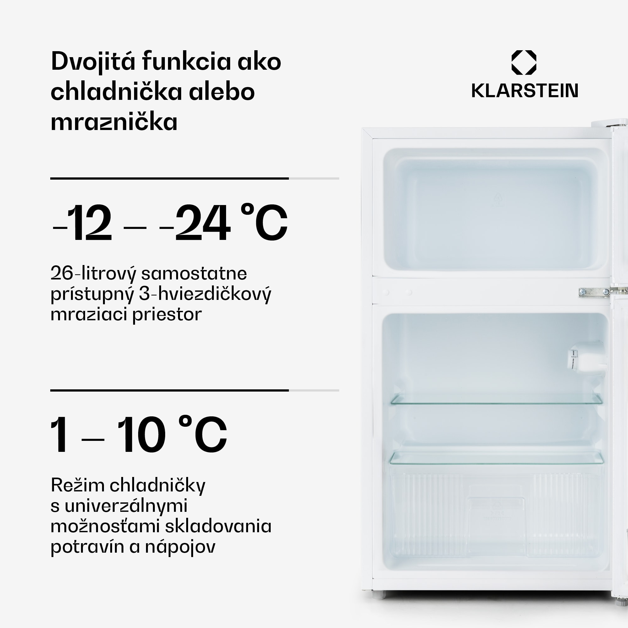 Klarstein Big Daddy Cool, kombinovaná chladnička, 61/26 l, 40 dB, energet. trieda E, biela – Obrázok 4