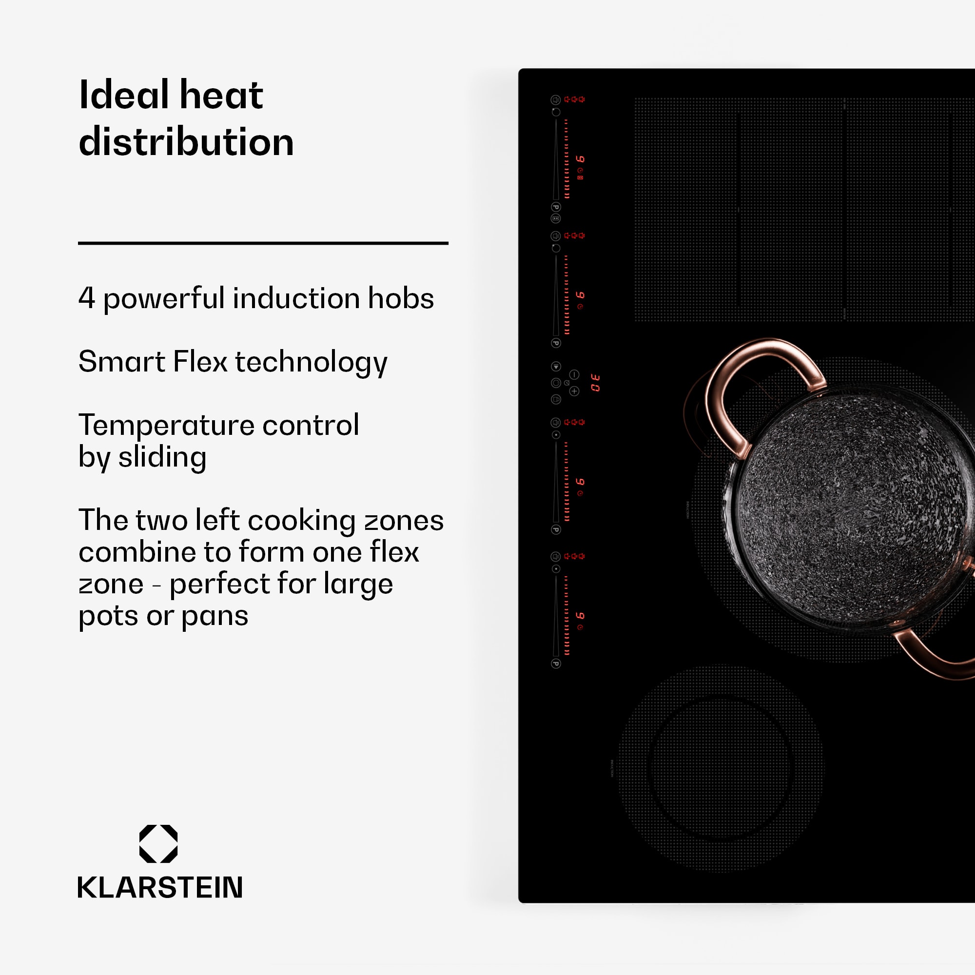 Klarstein Masterzone 77 Hybrid, indukčná varná doska, max. 7200 W, vstavaná, 4 Flex zóny, technológia ThermoBoost, Smart Flex – Obrázok 2
