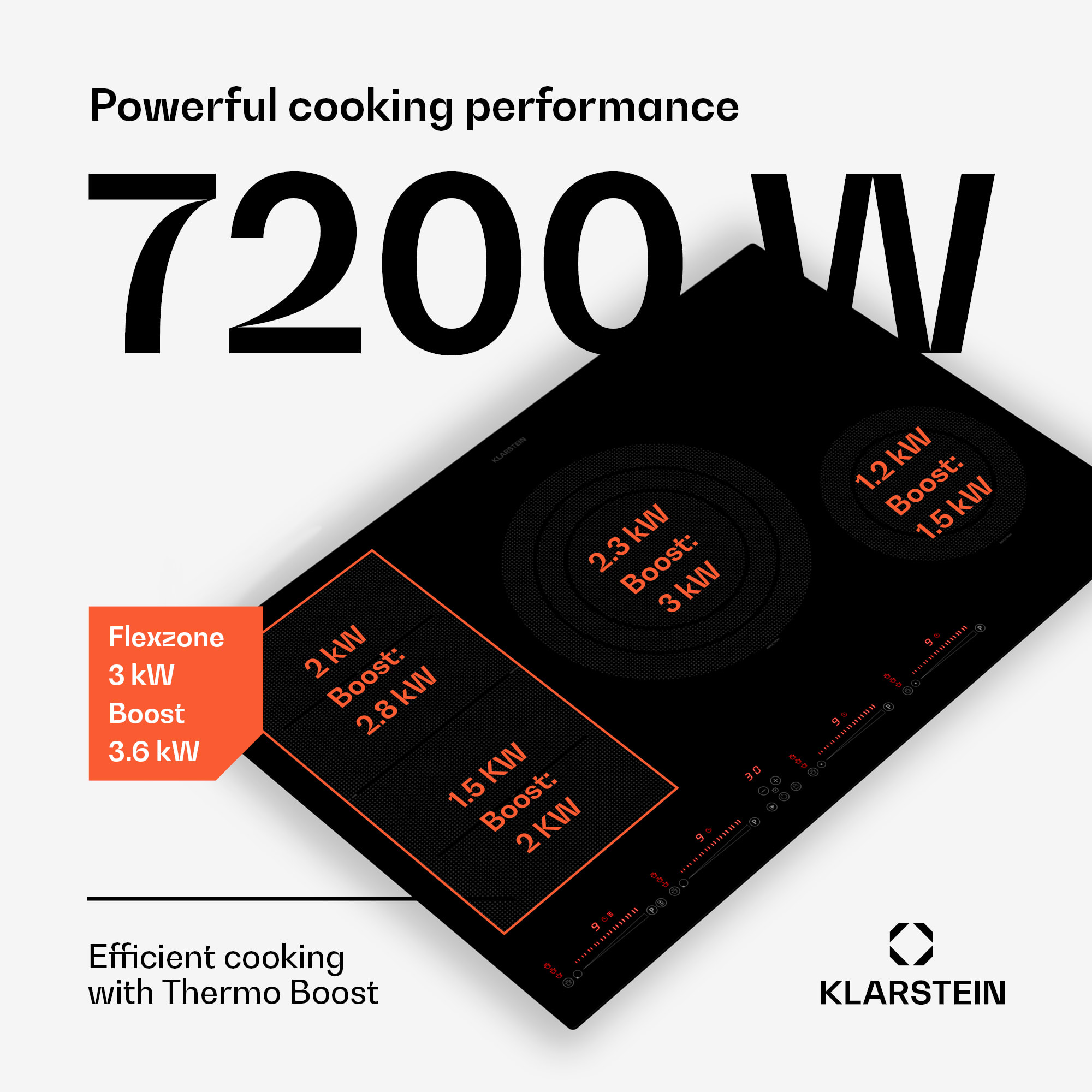 Klarstein Masterzone 77 Hybrid, indukčná varná doska, max. 7200 W, vstavaná, 4 Flex zóny, technológia ThermoBoost, Smart Flex – Obrázok 3