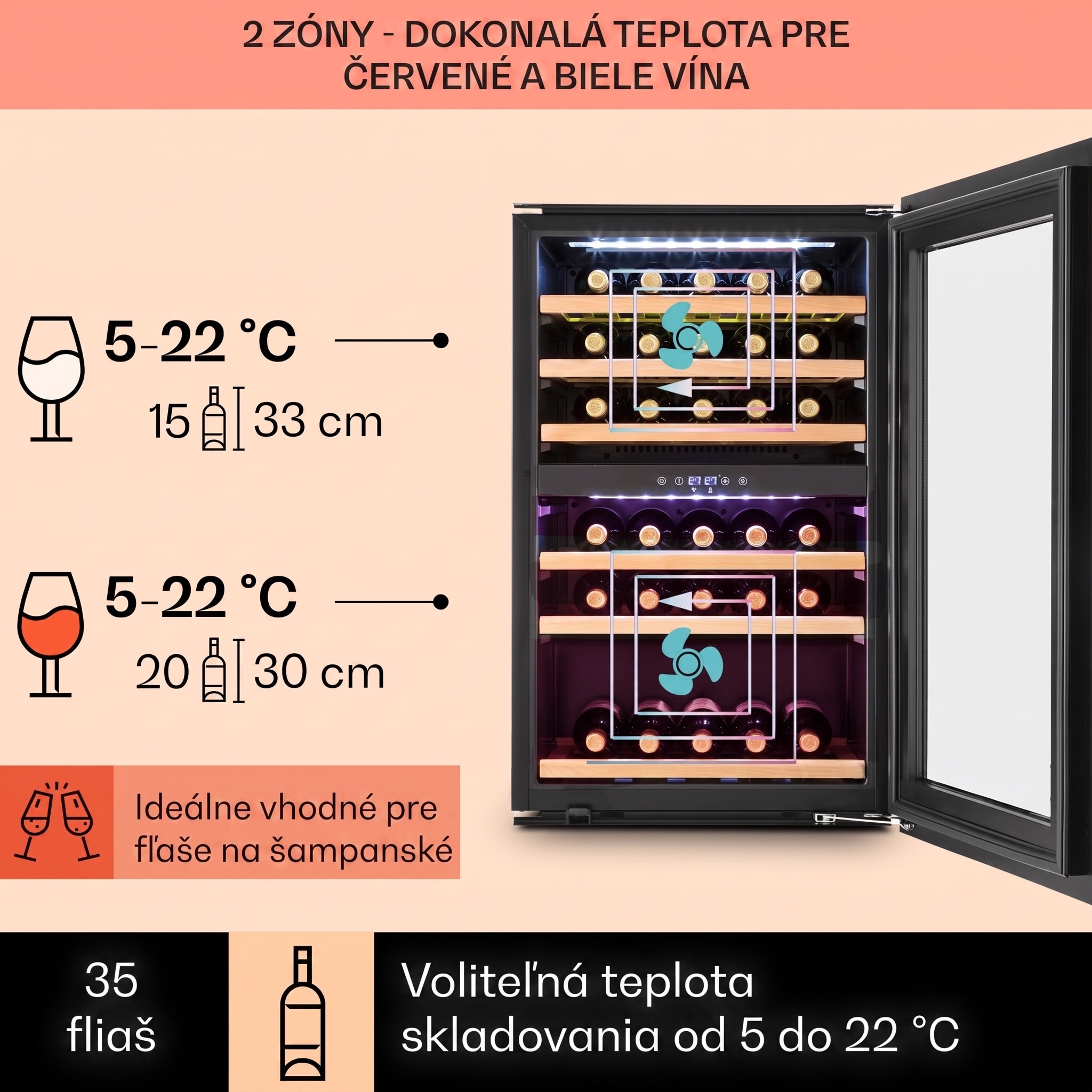 Klarstein Vinsider 35D, vstavaná vinotéka, 128 l, 41 fliaš, 2 zóny – Obrázok 3
