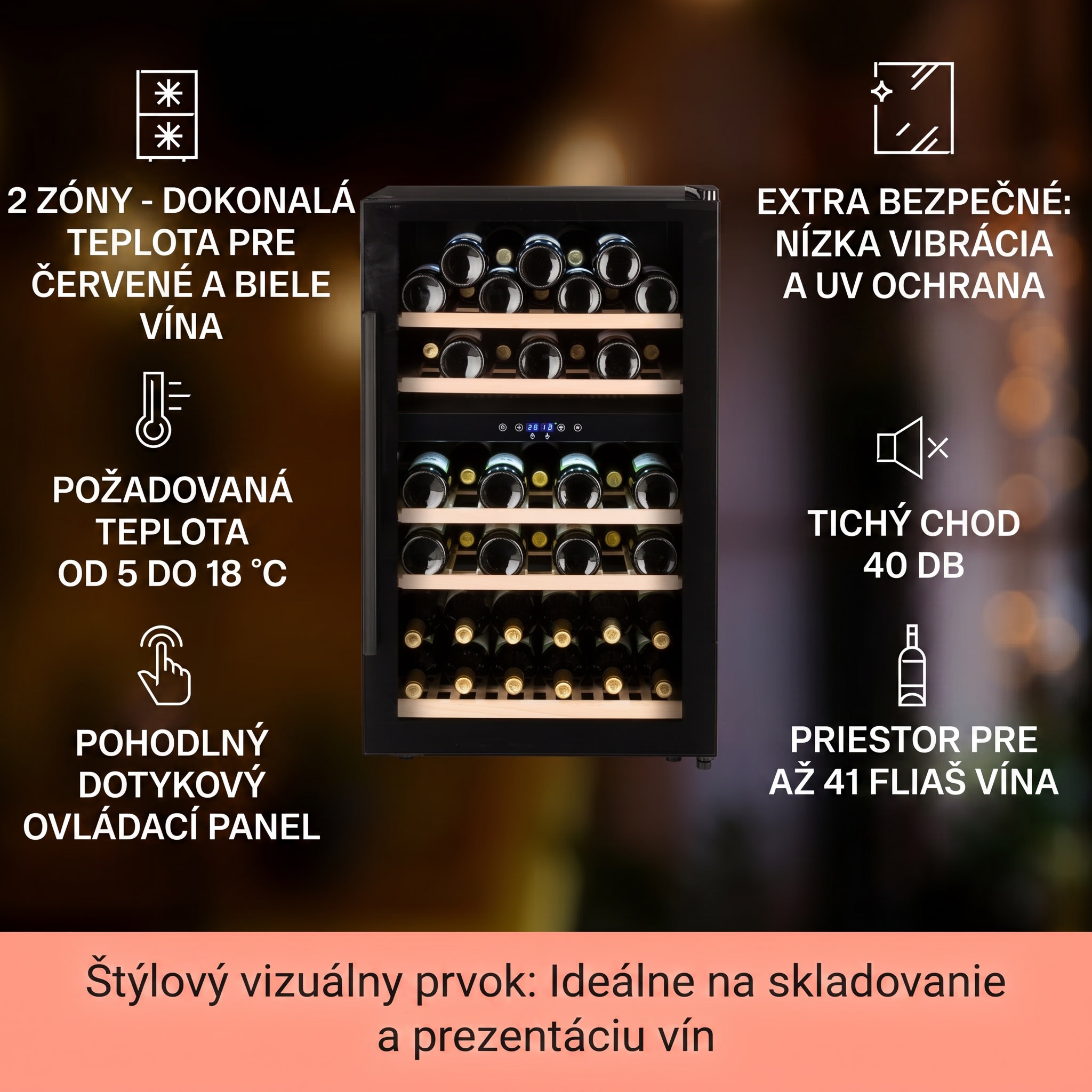 Klarstein Barossa 40D, vinotéka, 128 l, 2 zóny, 41 fliaš, sklenené dvere, dotyková – Obrázok 2