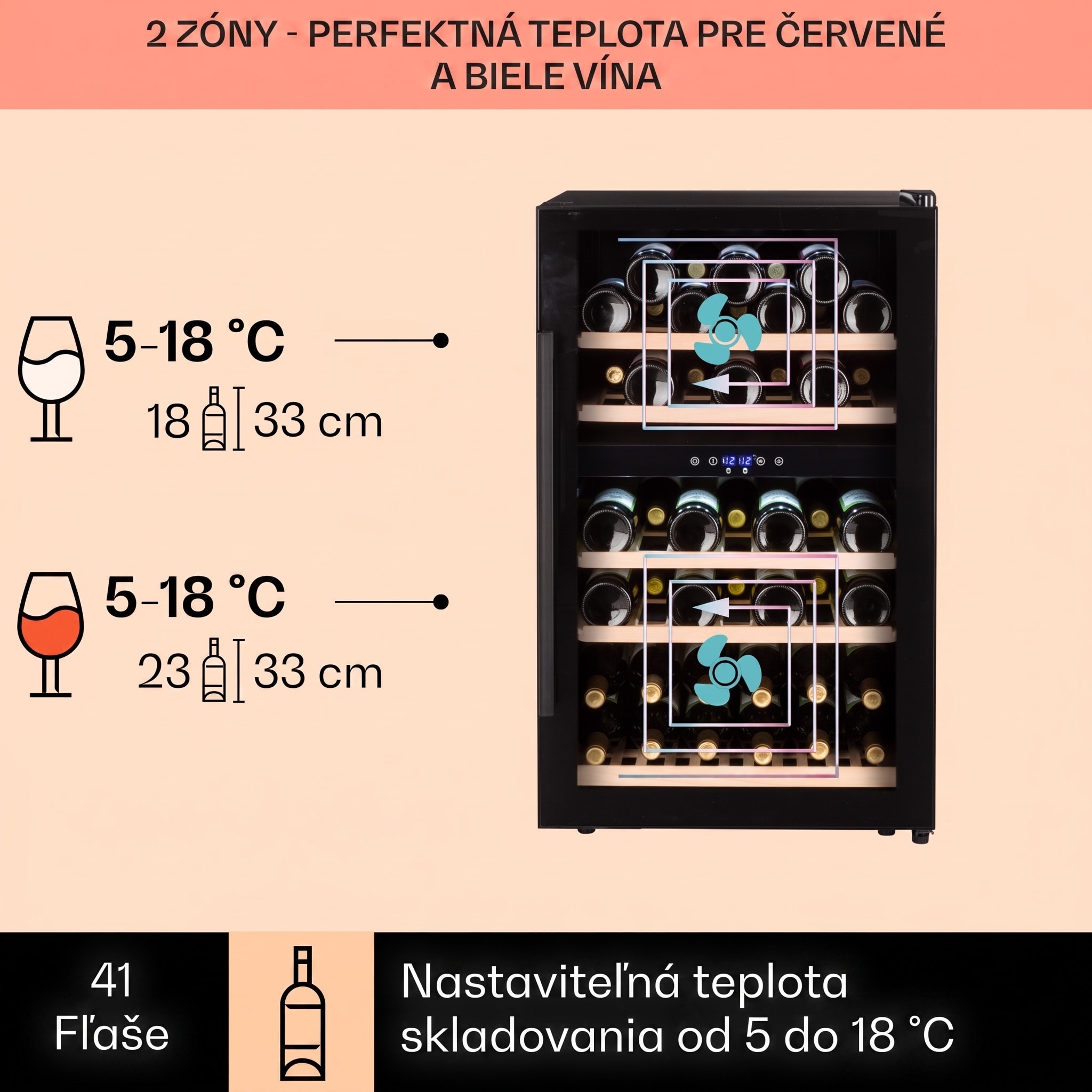 Klarstein Barossa 40D, vinotéka, 128 l, 2 zóny, 41 fliaš, sklenené dvere, dotyková – Obrázok 3