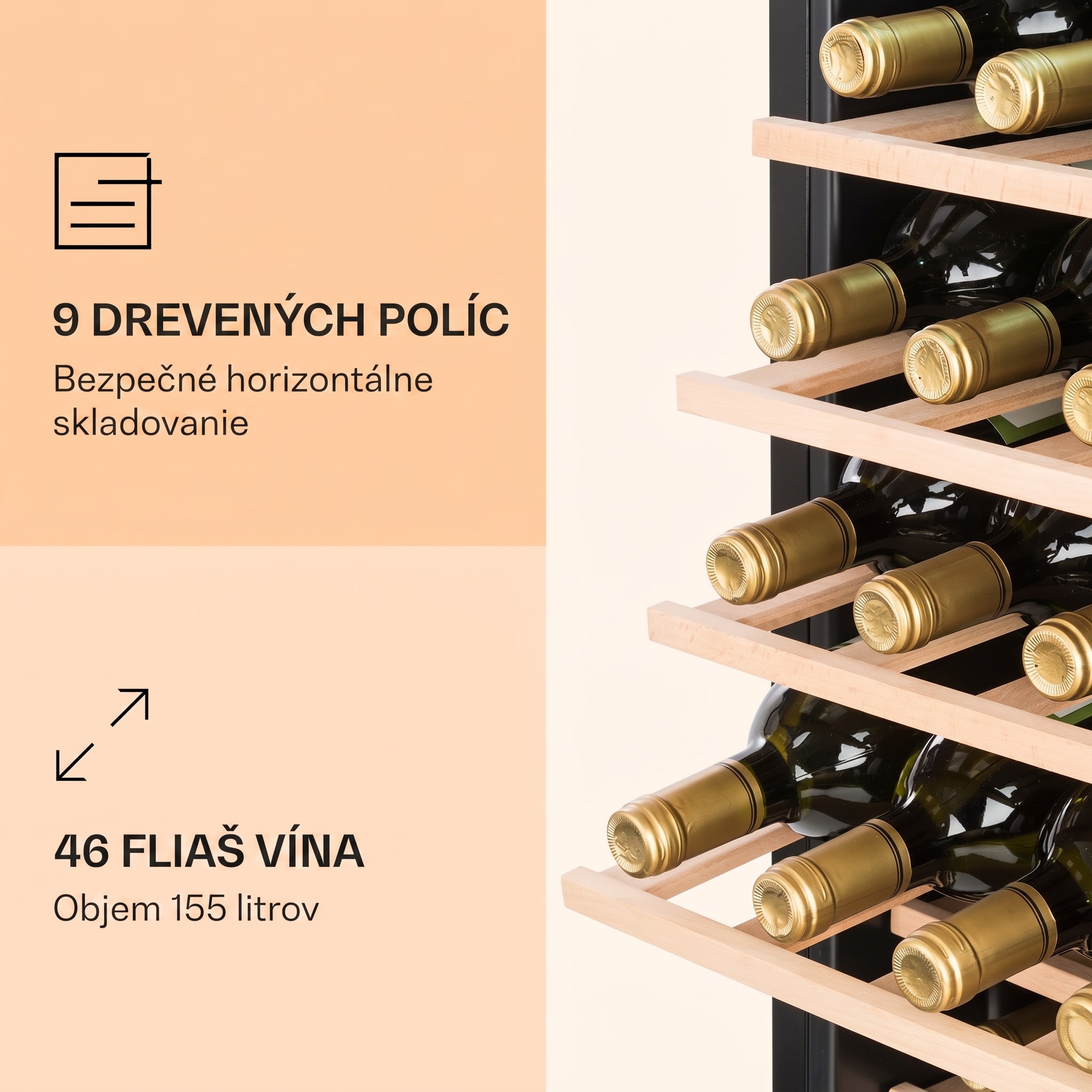 Klarstein Vinamour 46 Uno, vinotéka, 155 l, 46 fliaš, 4-18°C, 1 zóna, nehrdzavejúca oceľ – Obrázok 4