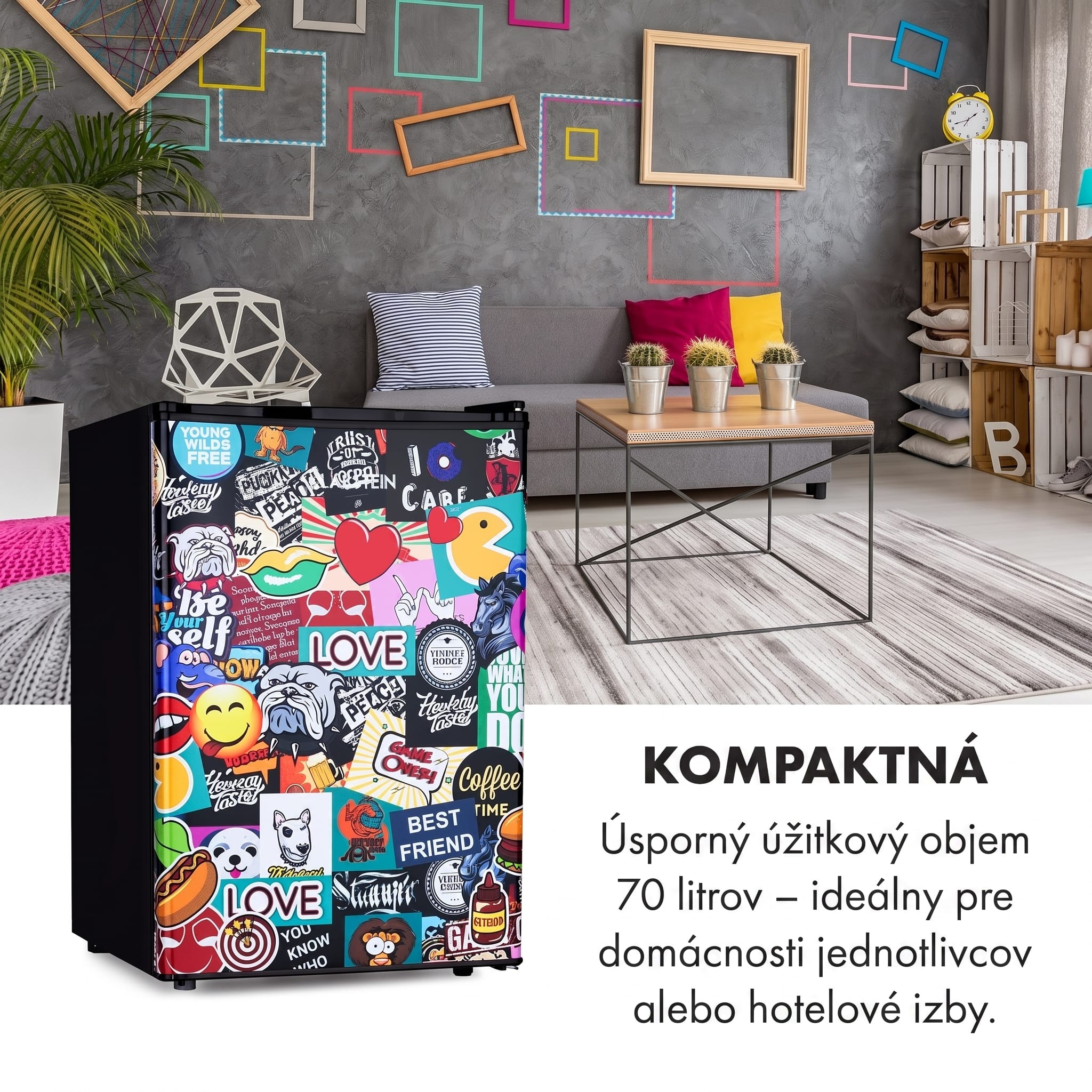 Klarstein Cool Vibe 70+, chladnička, 72 l, 2 police, Stickerbomb style – Obrázok 2
