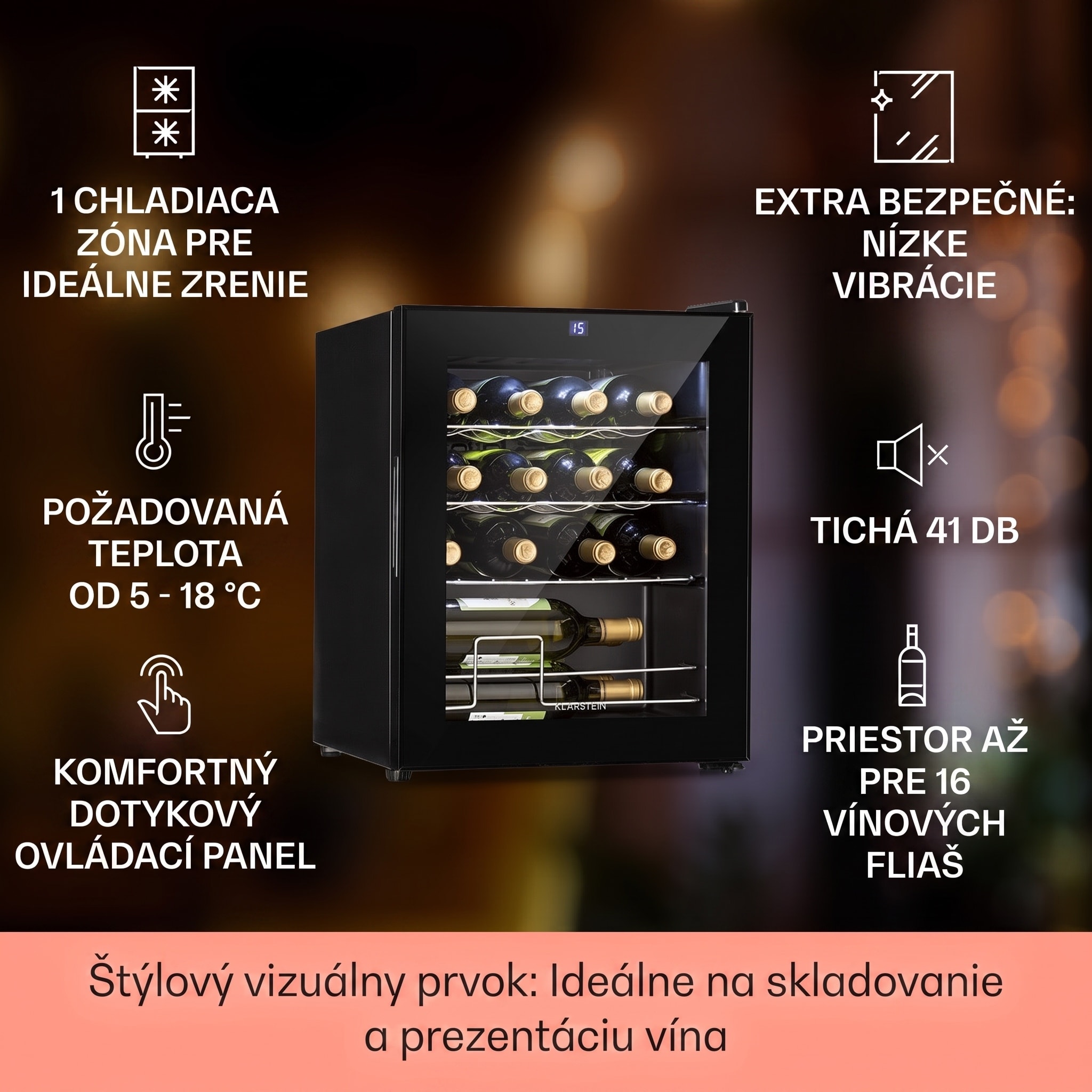 Klarstein Shiraz, vinotéka, 42 l, 131 W, 5-18°C, dotykový ovládací panel, čierna – Obrázok 2