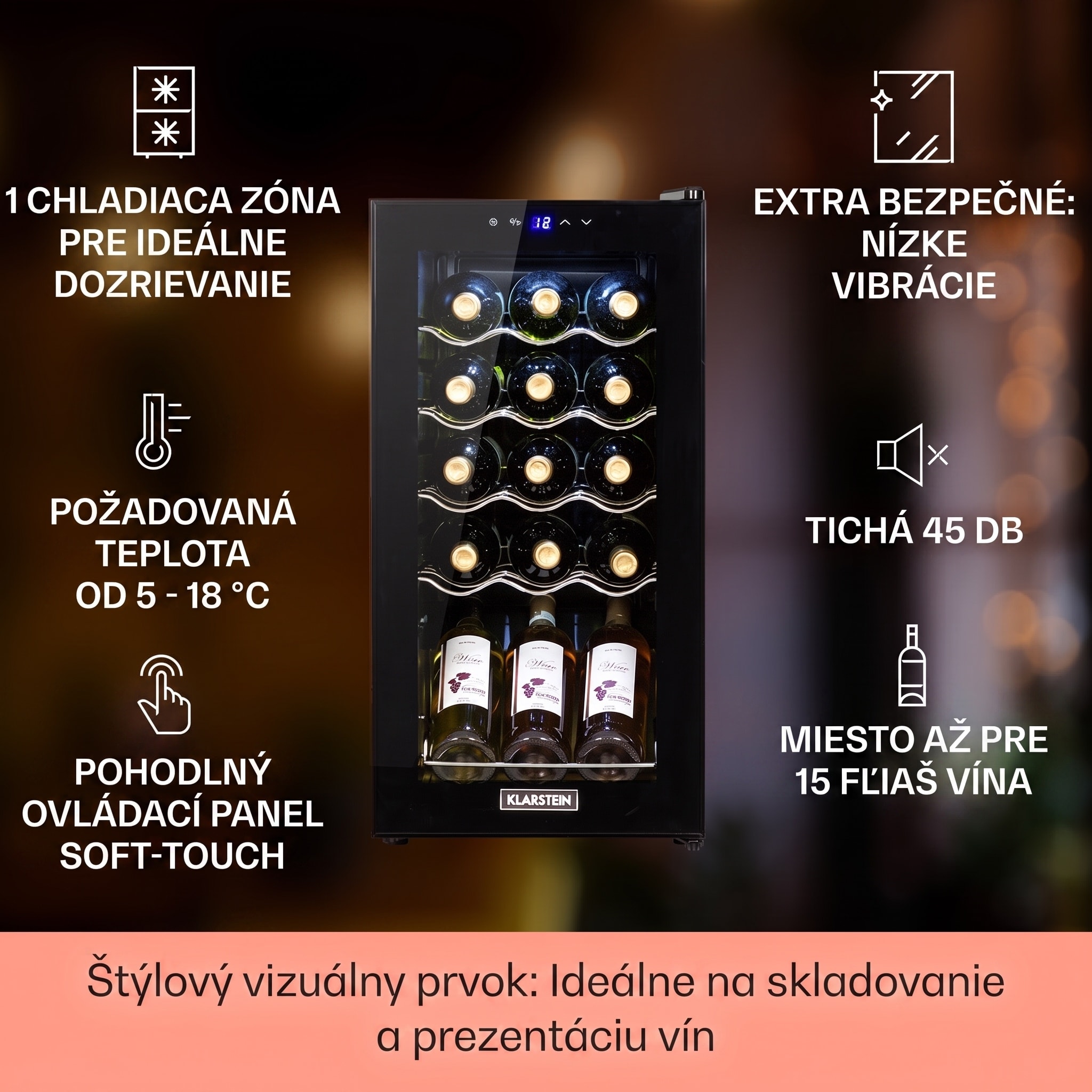 Klarstein Shiraz 15 Slim Uno, vinotéka, 44 l, 135 W, 5–18°C, dotykové ovládanie, čierna – Obrázok 2