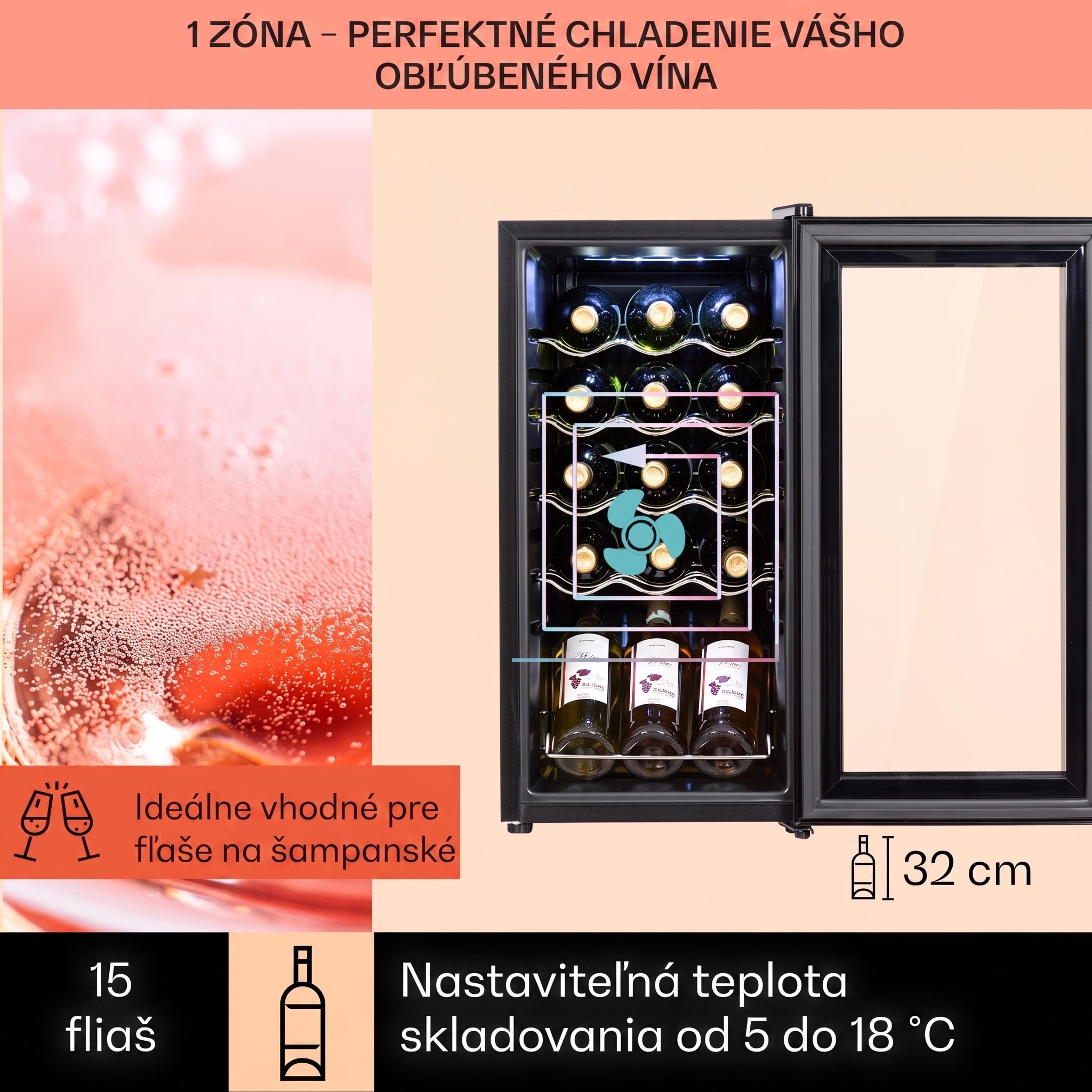 Klarstein Shiraz 15 Slim Uno, vinotéka, 44 l, 135 W, 5–18°C, dotykové ovládanie, čierna – Obrázok 3