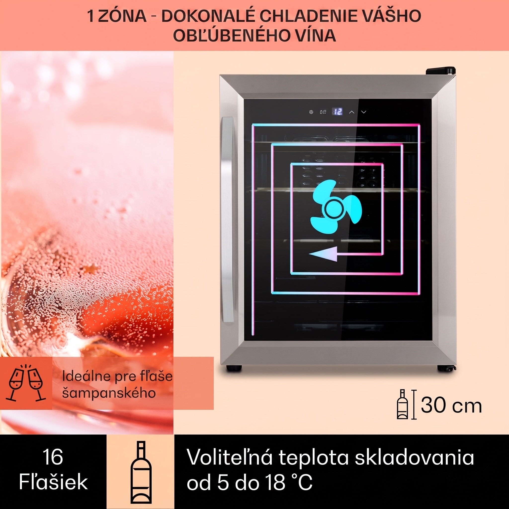 Klarstein Vinamour 16 Uno, vinotéka, 42 l, 16 fliaš, 5-18°C, 41 dB, sklo – Obrázok 3