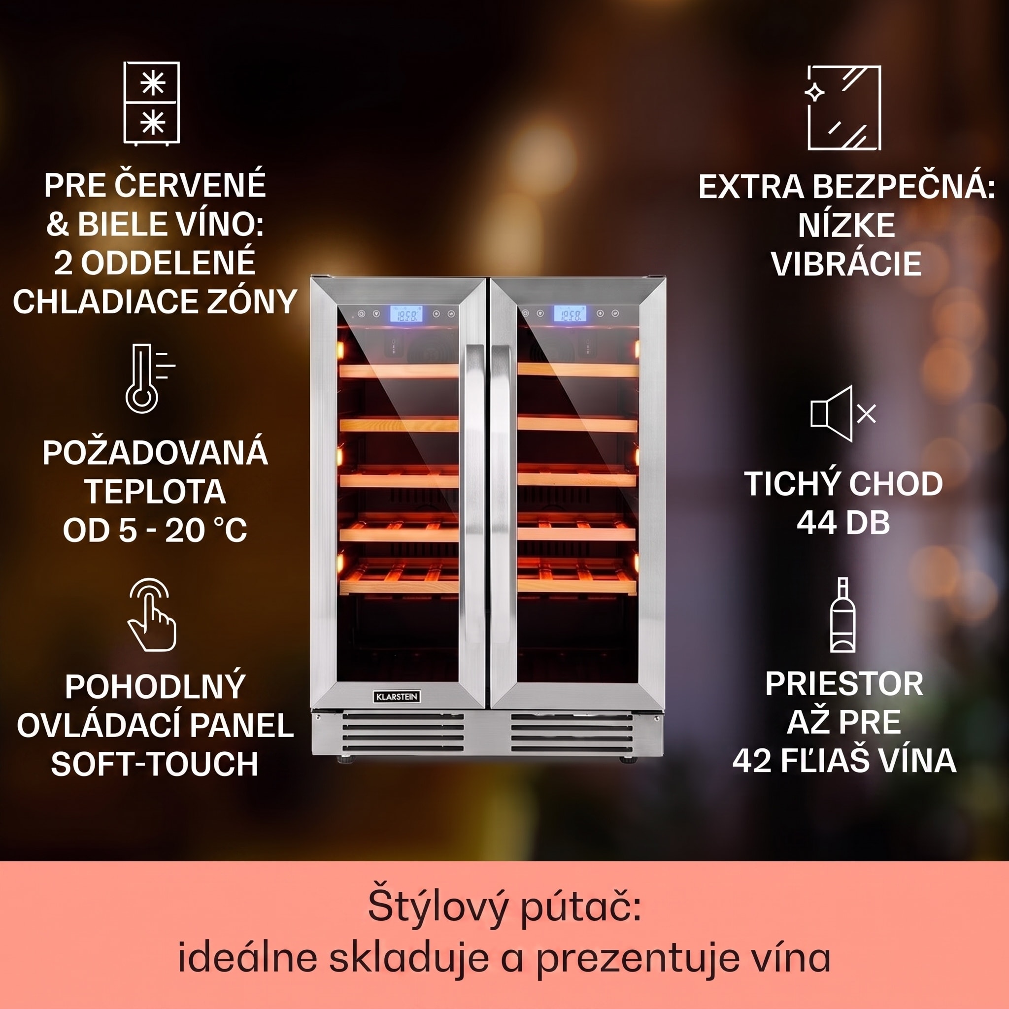 Klarstein Vinovilla Duo 42, dvojzónová vinotéka, 126 l, 42 fliaš, 3 farebné LED osvetlenie, sklenené dvere – Obrázok 2