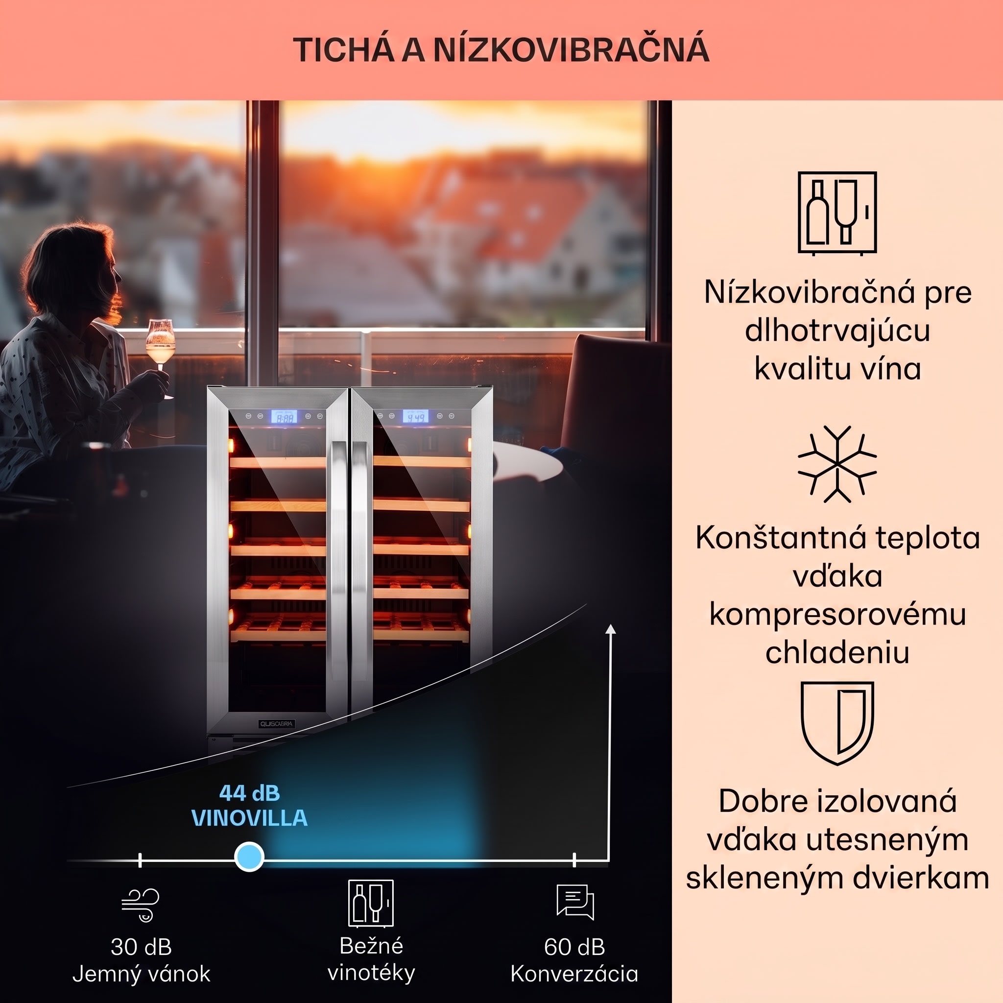 Klarstein Vinovilla Duo 42, dvojzónová vinotéka, 126 l, 42 fliaš, 3 farebné LED osvetlenie, sklenené dvere – Obrázok 4