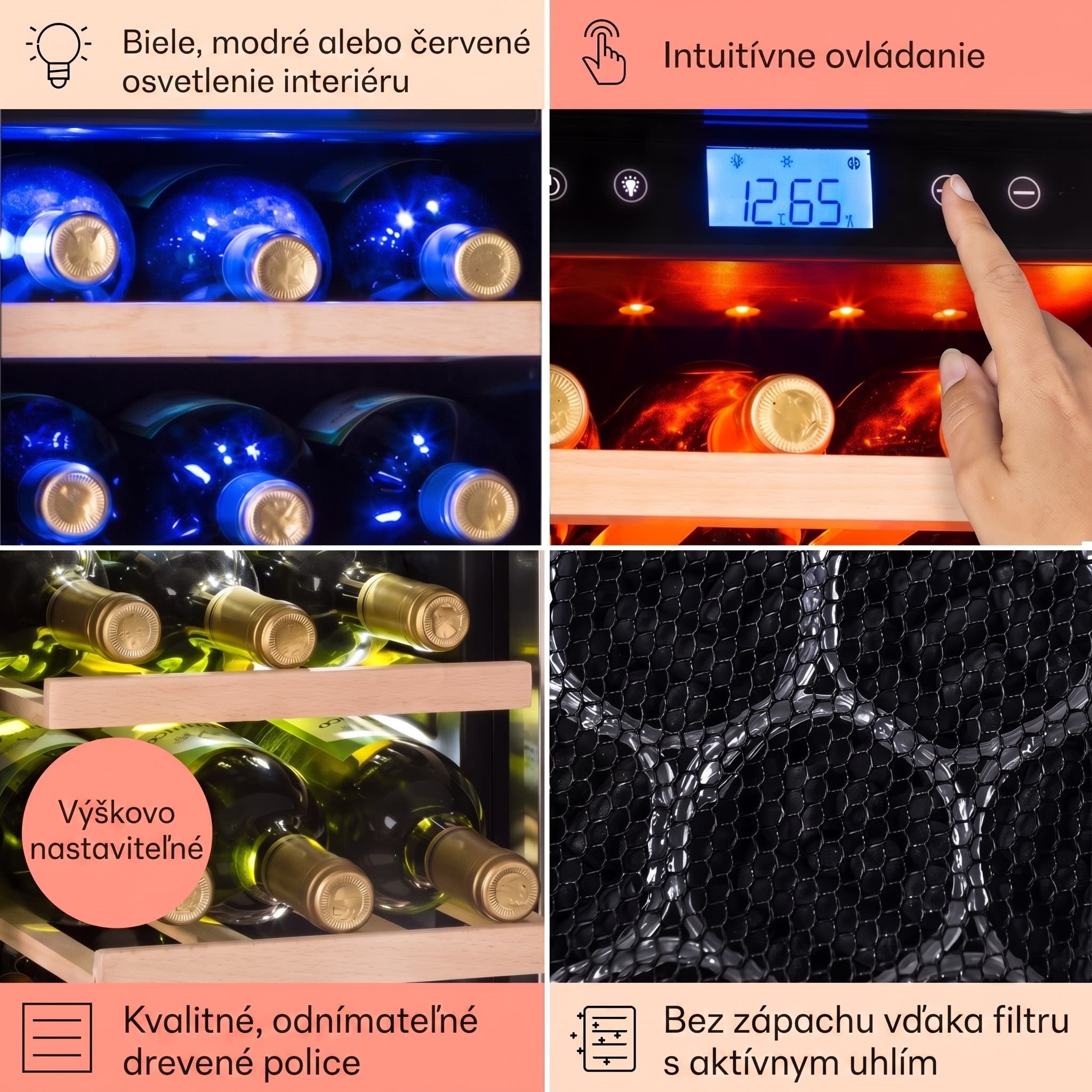 Klarstein Vinovilla Duo 42, dvojzónová vinotéka, 126 l, 42 fliaš, 3 farebné LED osvetlenie, sklenené dvere – Obrázok 5