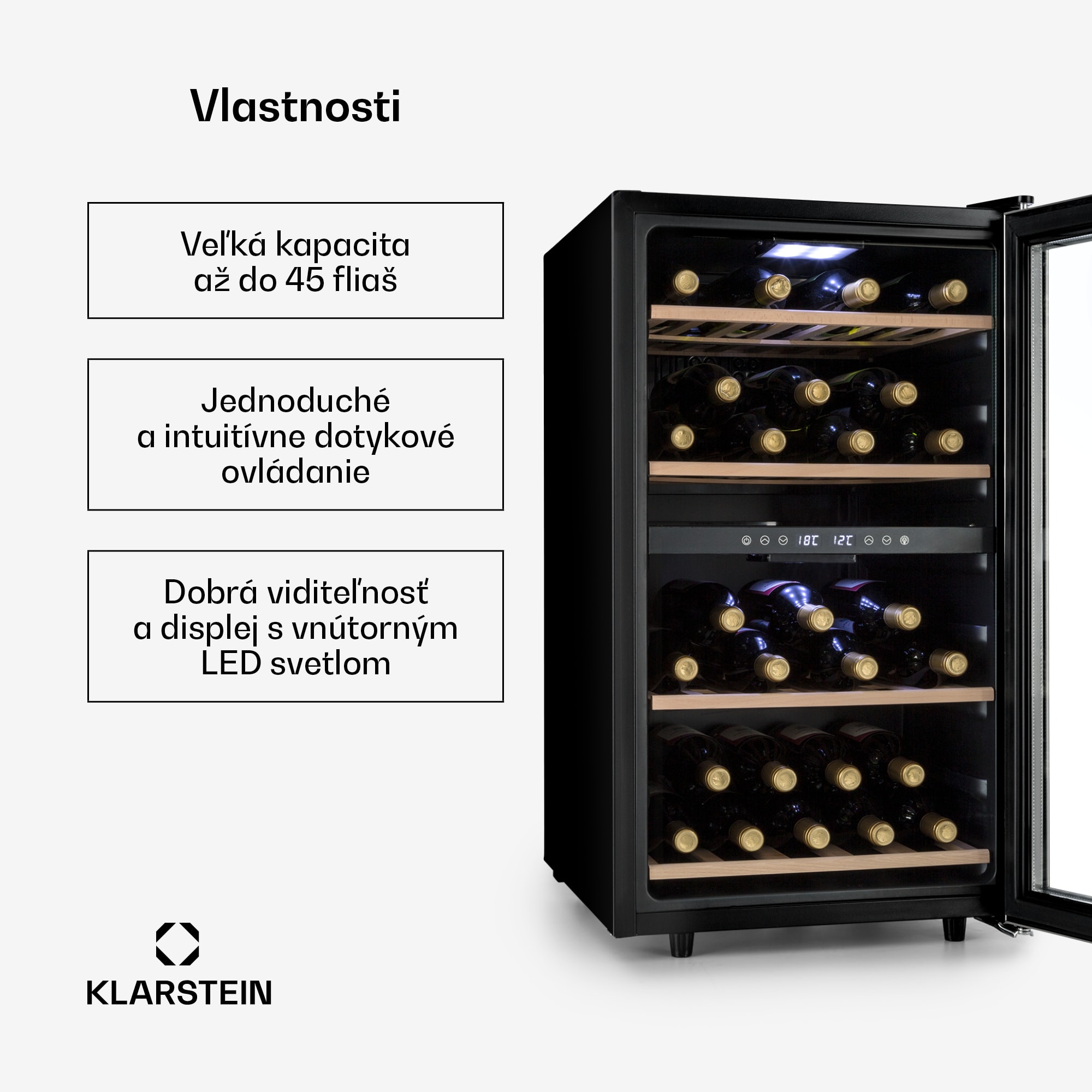 Klarstein Vinamour 45D, vinotéka, 118 l, 45 fliaš, 5–18°C, 2 zóny, nehrdzavejúca oceľ – Obrázok 2