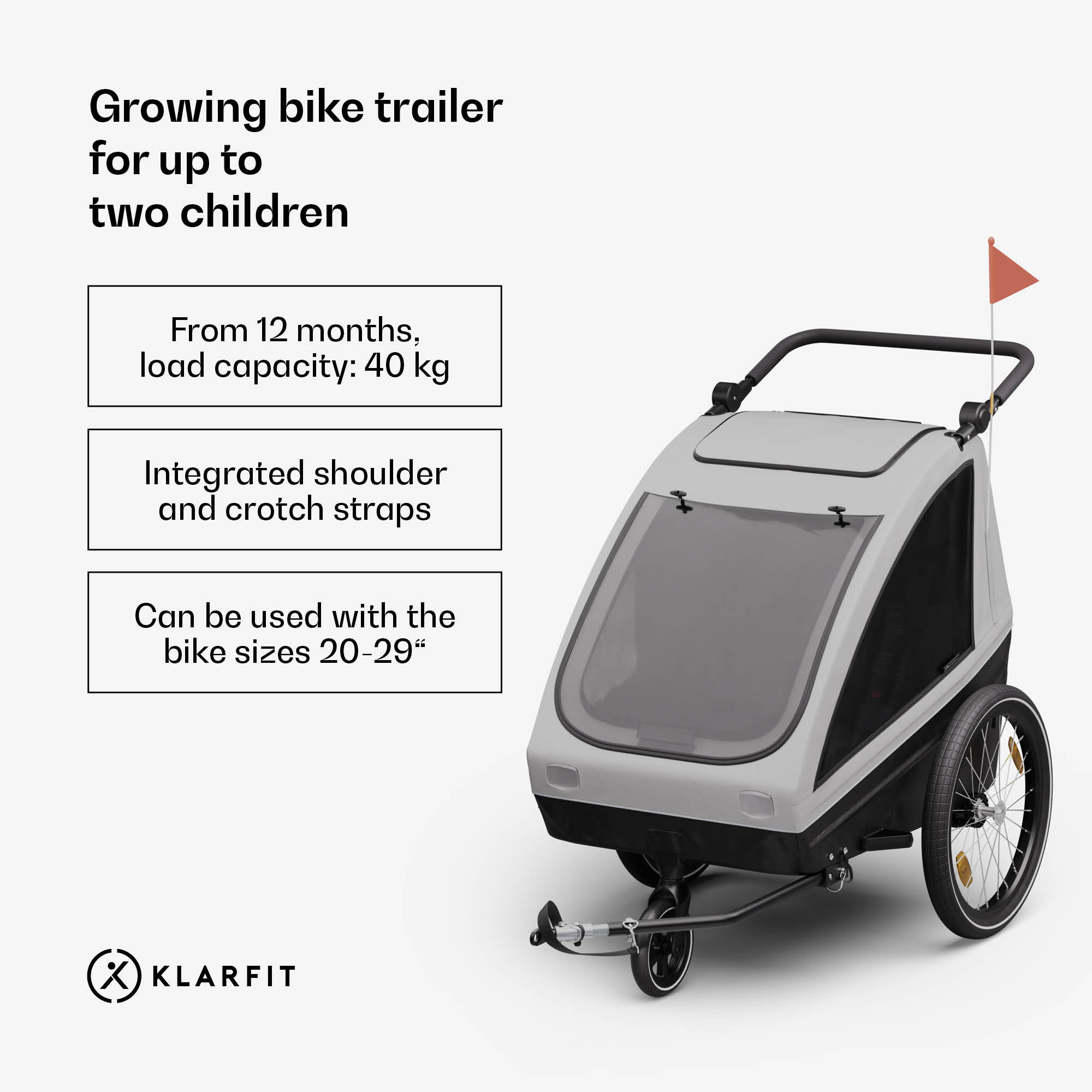 KLARFIT GoKiddo, príves na bicykel, príves/kočík, skladací, integrované brzdy, rastúci, pre 2 deti – Obrázok 2