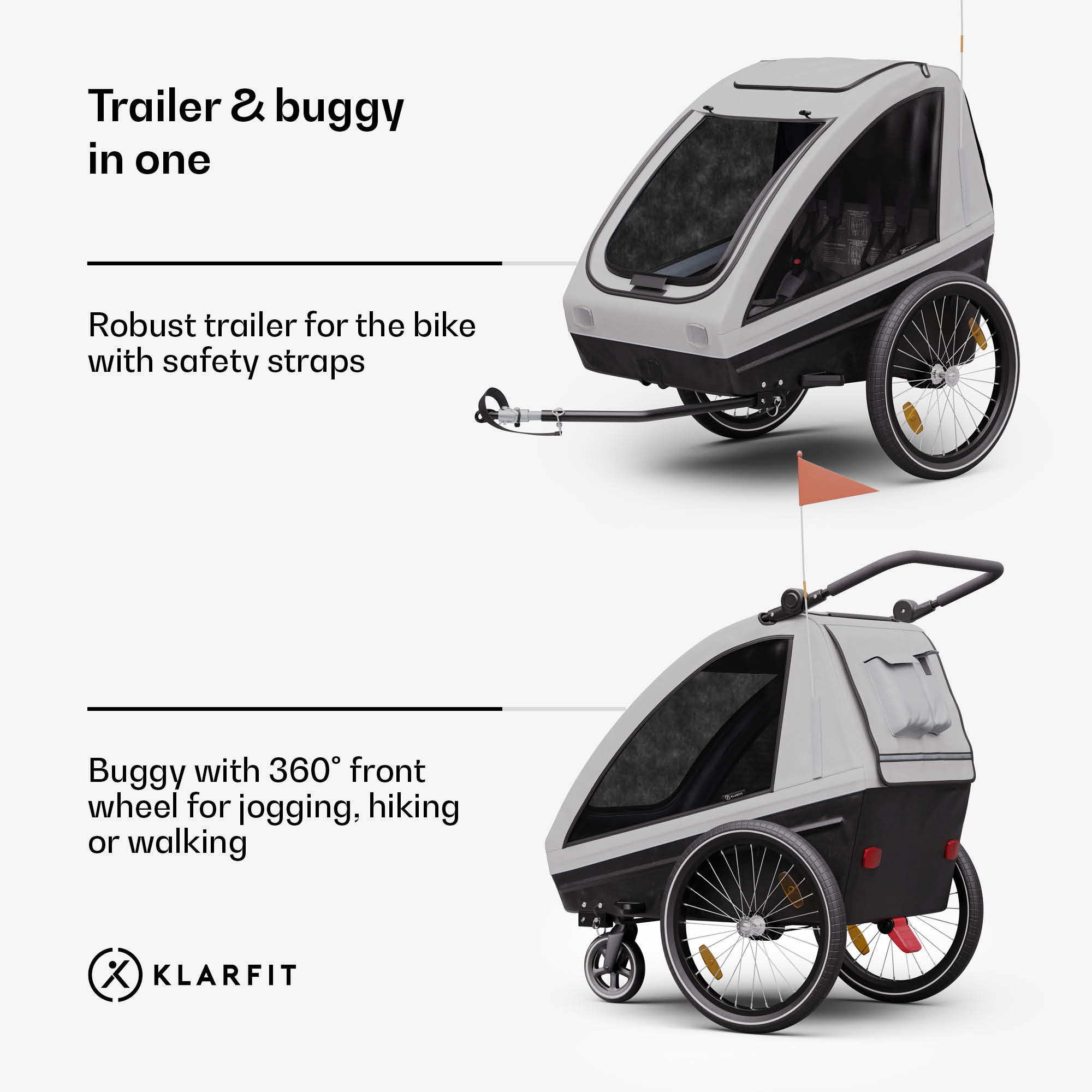 KLARFIT GoKiddo, príves na bicykel, príves/kočík, skladací, integrované brzdy, rastúci, pre 2 deti – Obrázok 3