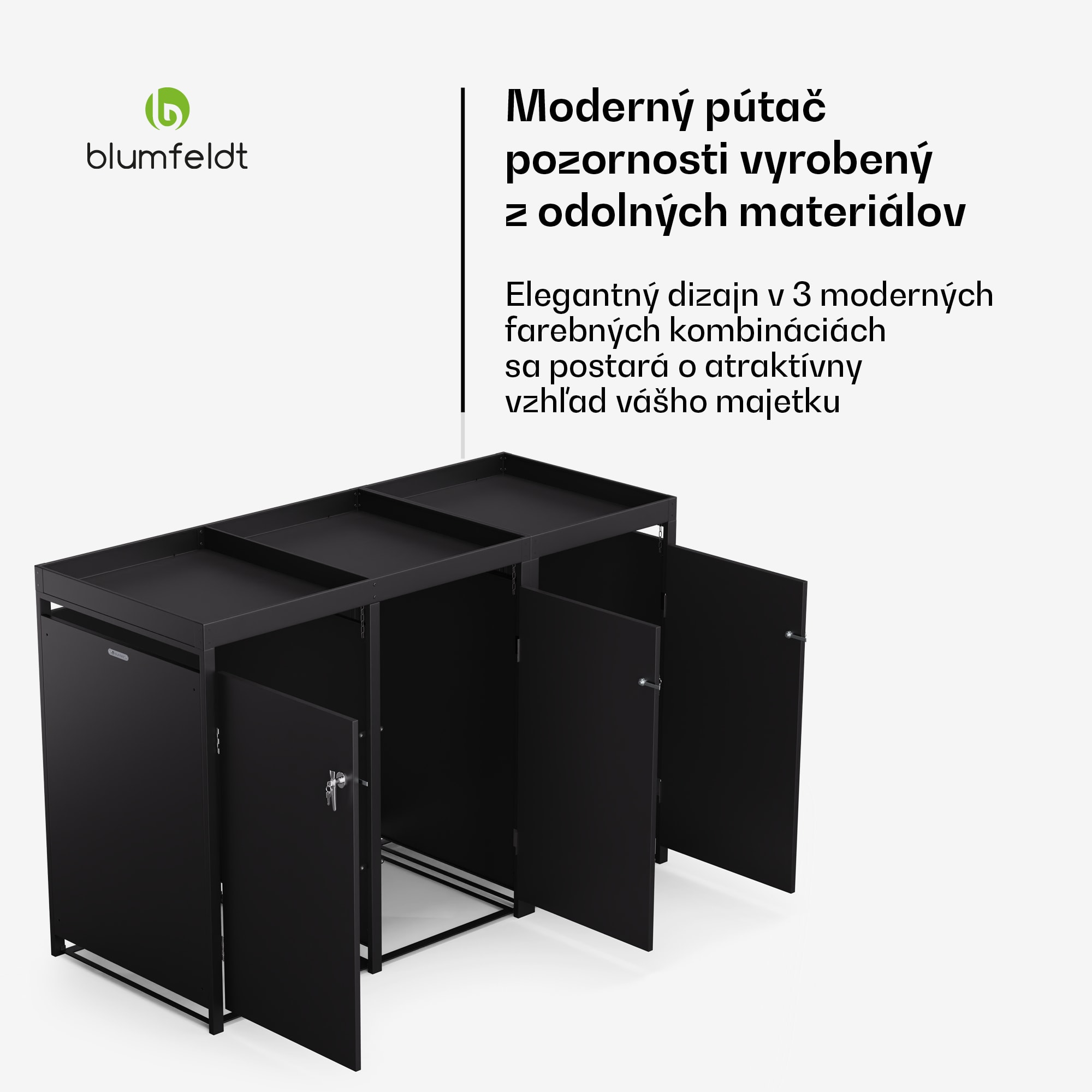 Blumfeldt BinSafe, box na odpadky, 3 odpadkové koše, 240 l, uzamykateľný, pozinkovaná oceľ odolná voči poveternostným vplyvom, výsadbová strecha – Obrázok 5