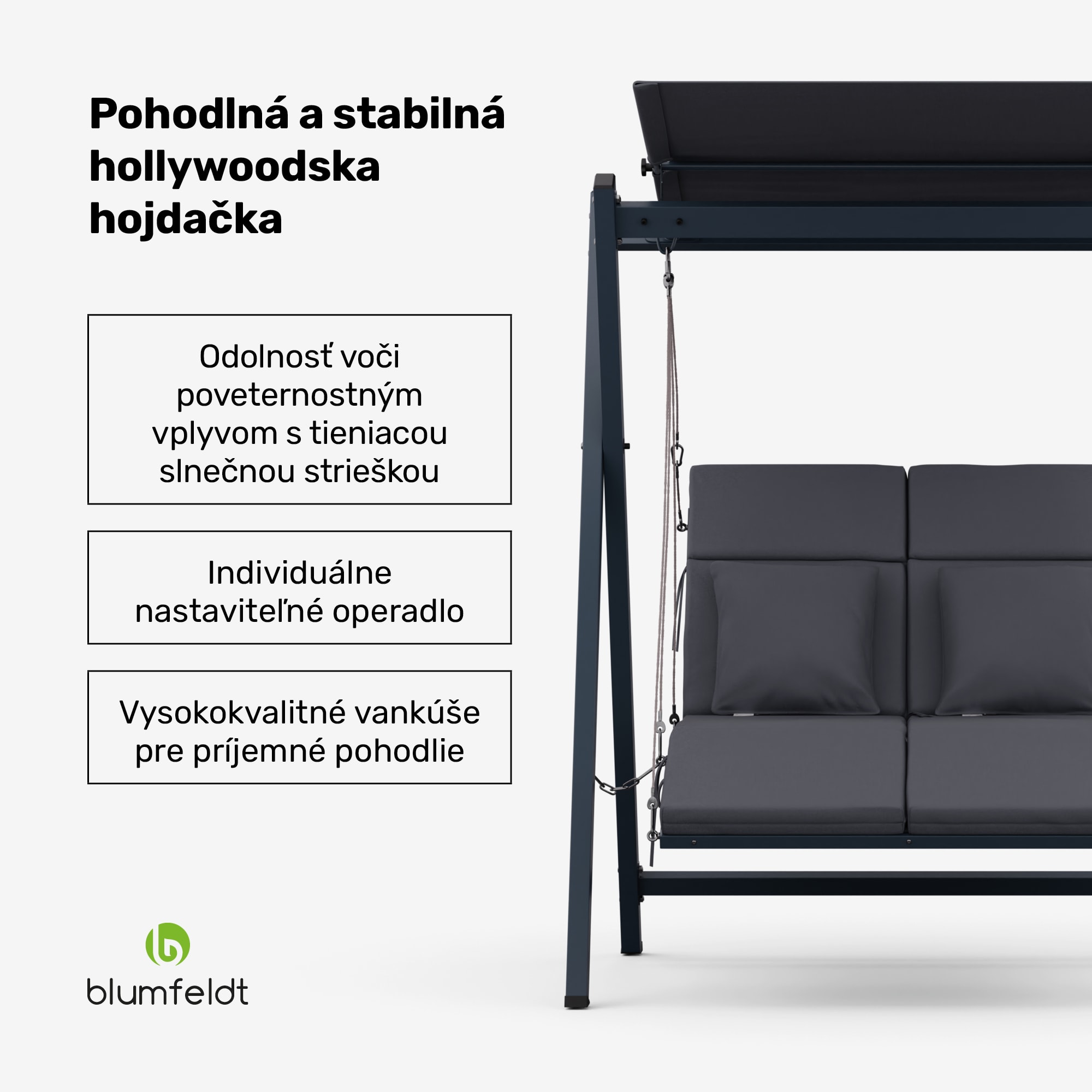 Blumfeldt FlexiSwing, hollywoodska hojdačka, 2-miestna, nastaviteľné operadlo, slnečná strieška, odolná voči poveternostným vplyvom – Obrázok 2