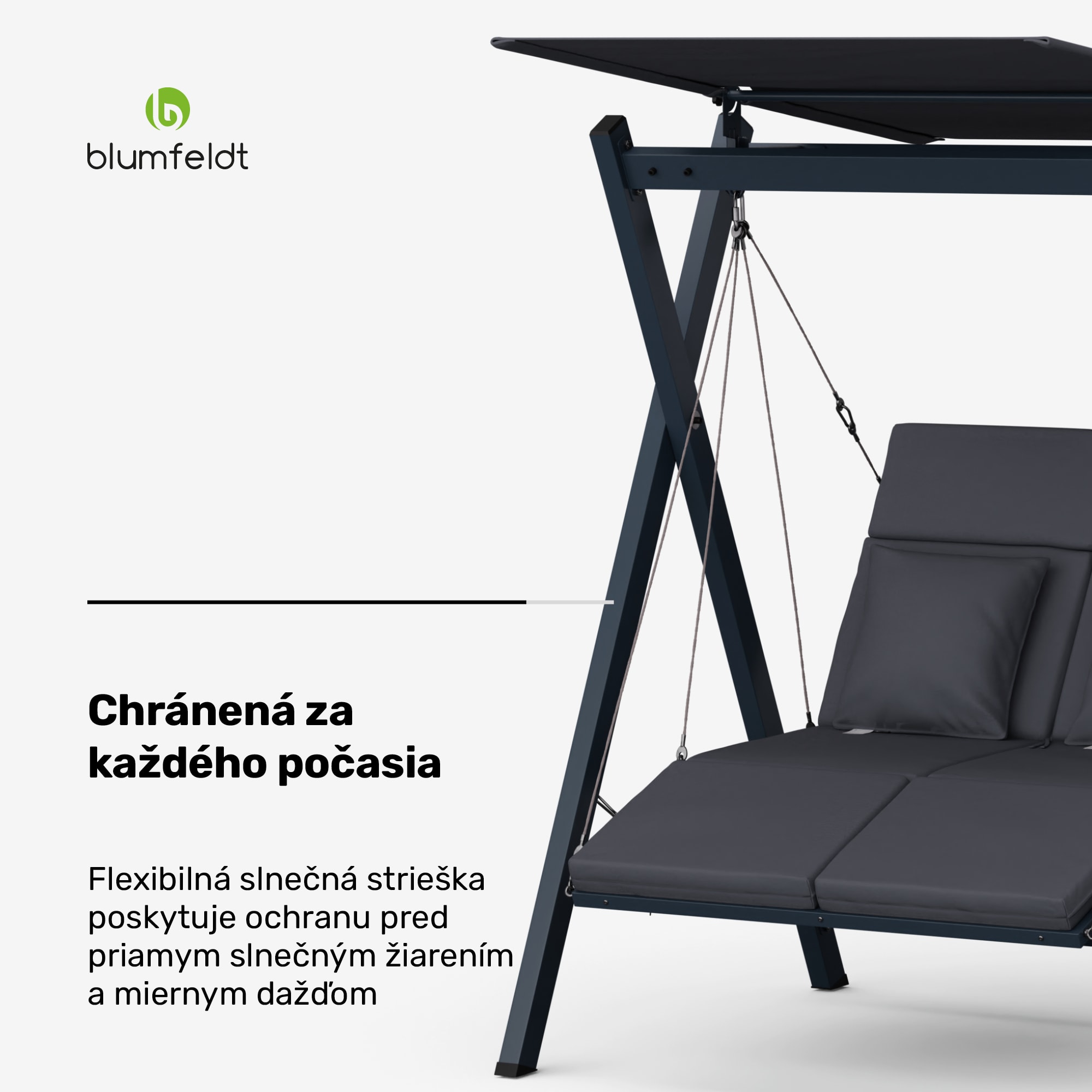 Blumfeldt FlexiSwing, hollywoodska hojdačka, 2-miestna, nastaviteľné operadlo, slnečná strieška, odolná voči poveternostným vplyvom – Obrázok 4