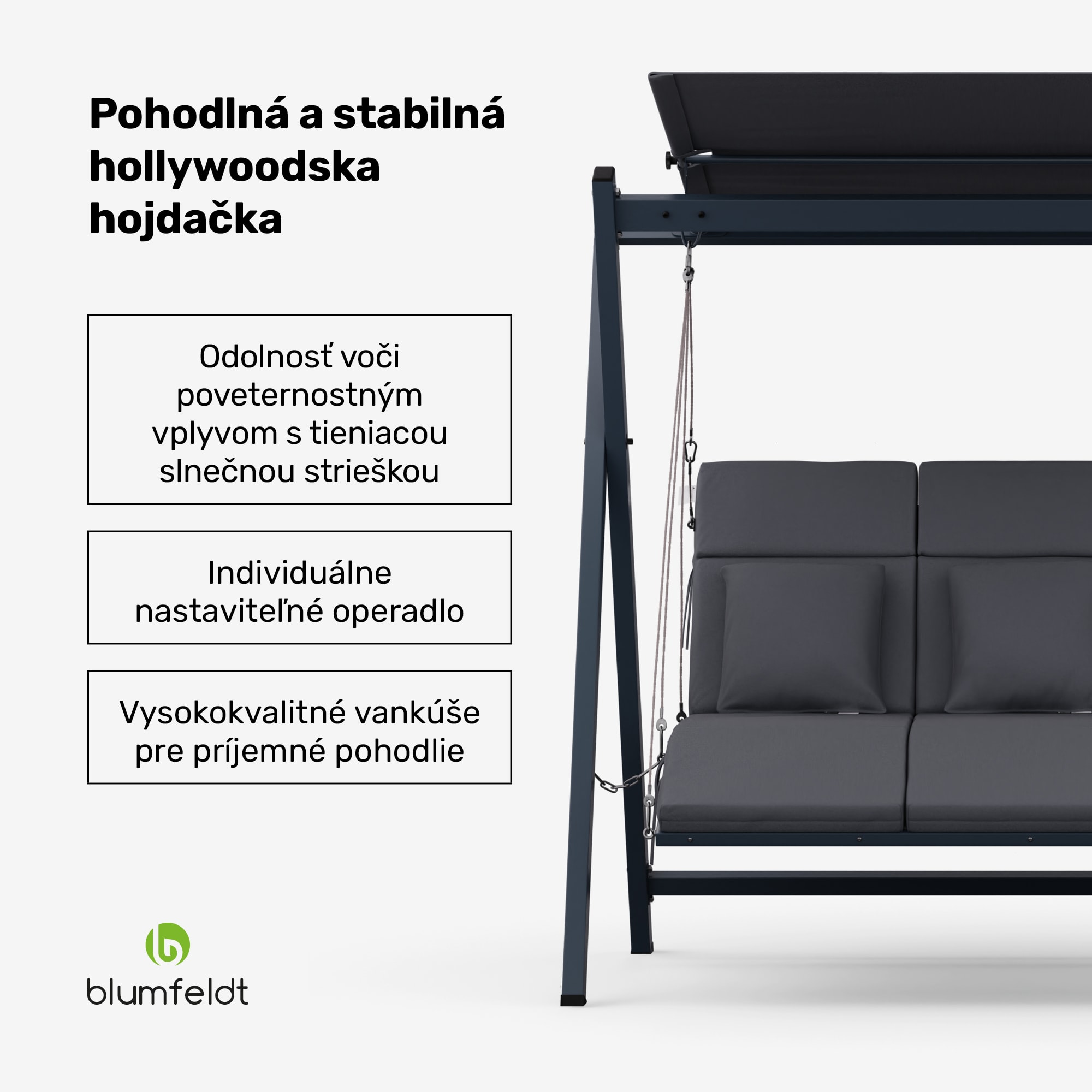 Blumfeldt FlexiSwing, hollywoodska hojdačka, 3-miestna, nastaviteľné operadlo, slnečná strieška, odolná voči poveternostným vplyvom – Obrázok 2