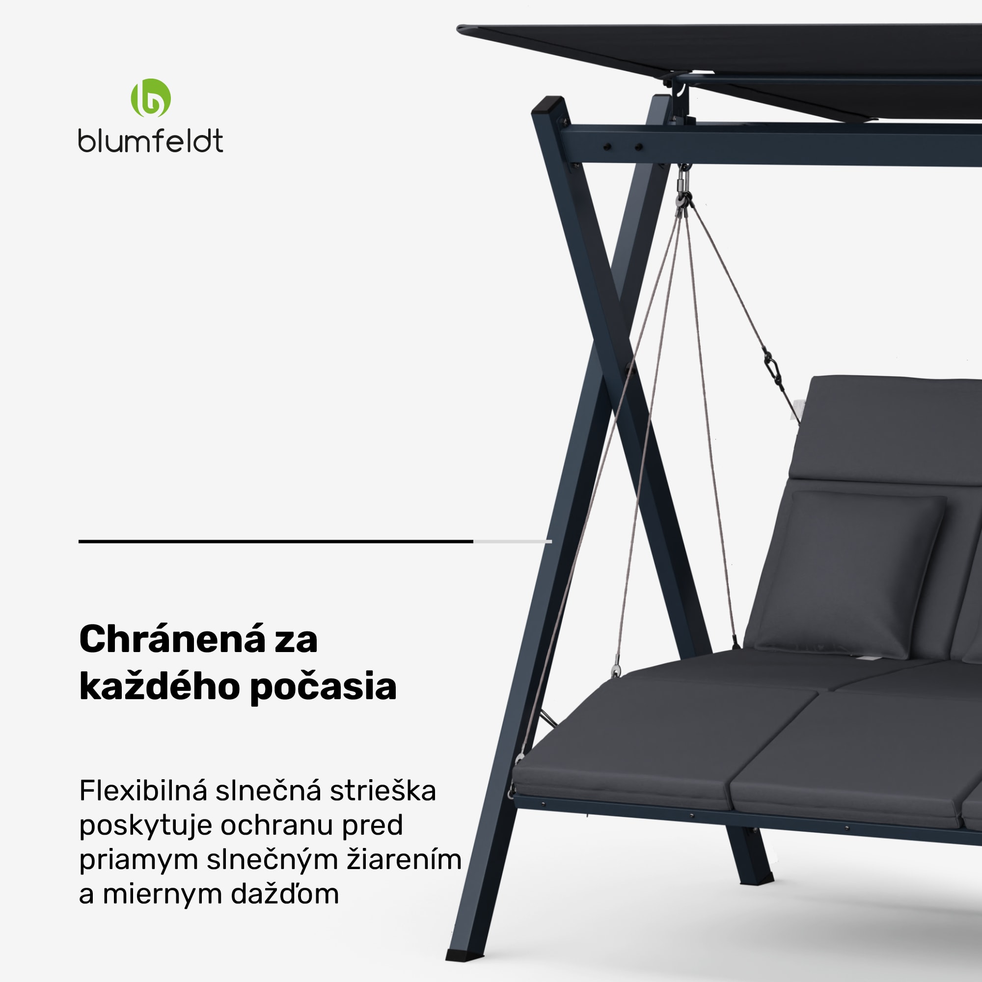Blumfeldt FlexiSwing, hollywoodska hojdačka, 3-miestna, nastaviteľné operadlo, slnečná strieška, odolná voči poveternostným vplyvom – Obrázok 4