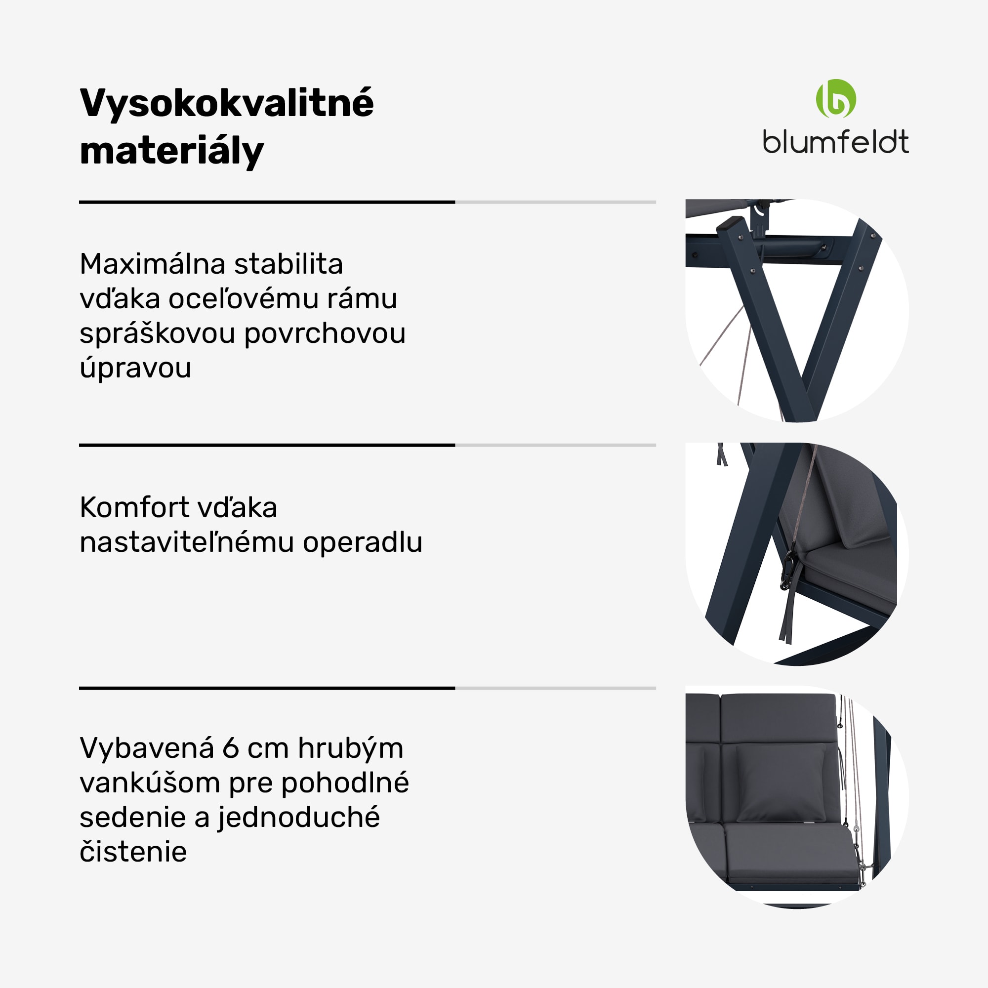 Blumfeldt FlexiSwing, hollywoodska hojdačka, 3-miestna, nastaviteľné operadlo, slnečná strieška, odolná voči poveternostným vplyvom – Obrázok 5